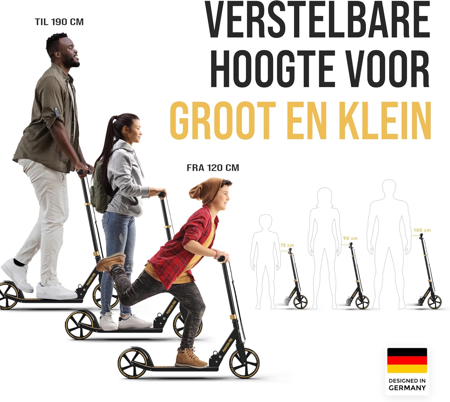 Three individuals of different heights riding the Apollo Phantom Pro XXL Wheel Kick Scooter, illustrating its adjustable handlebar height for users from 120 cm to 190 cm.