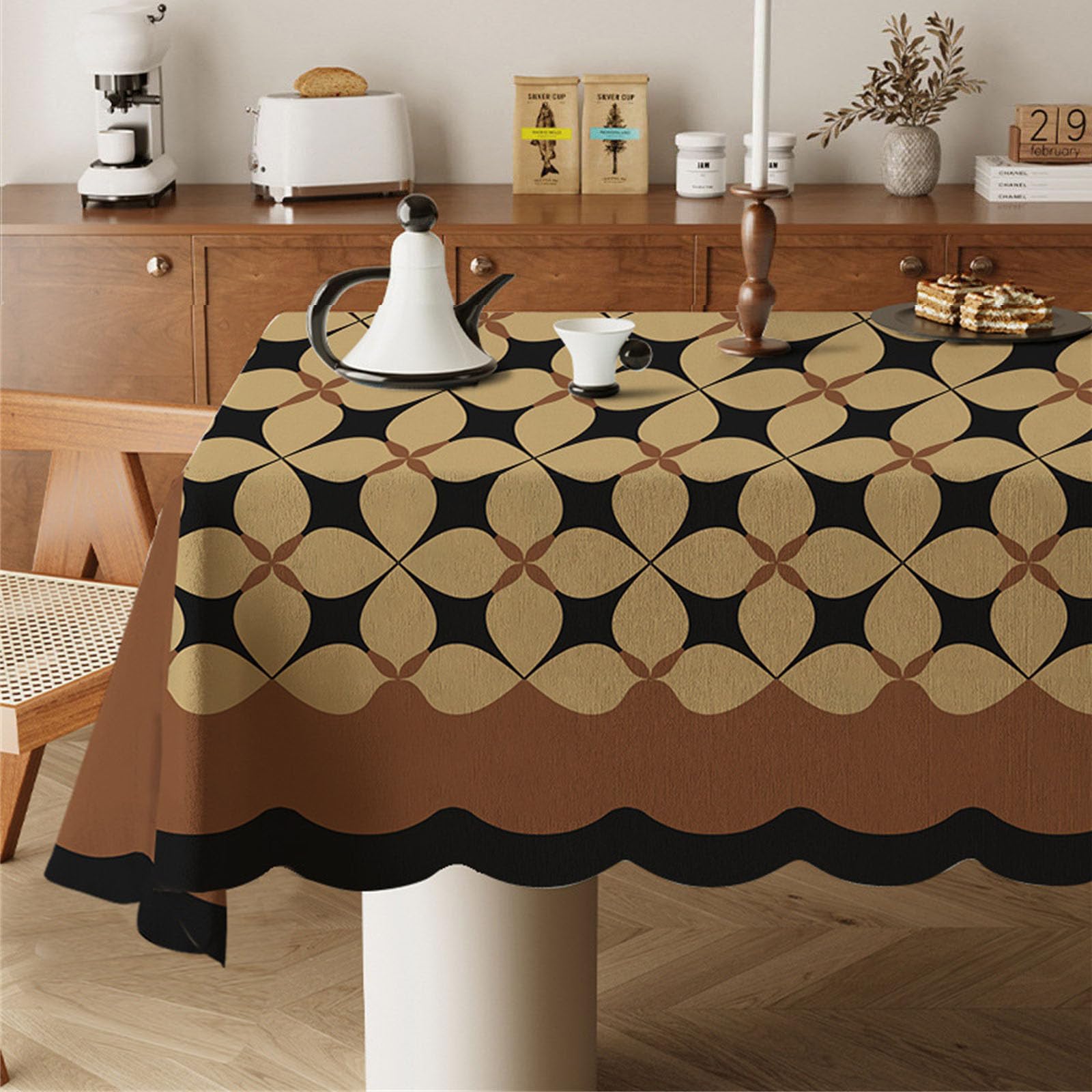 Odot Wipe Clean Tablecloths - Square, Stain Resistant Traditional French Style Cotton and Linen Rectangular Table Cover for Kitchen, Dining, Coffee Table (Black khaki,140x140cm)