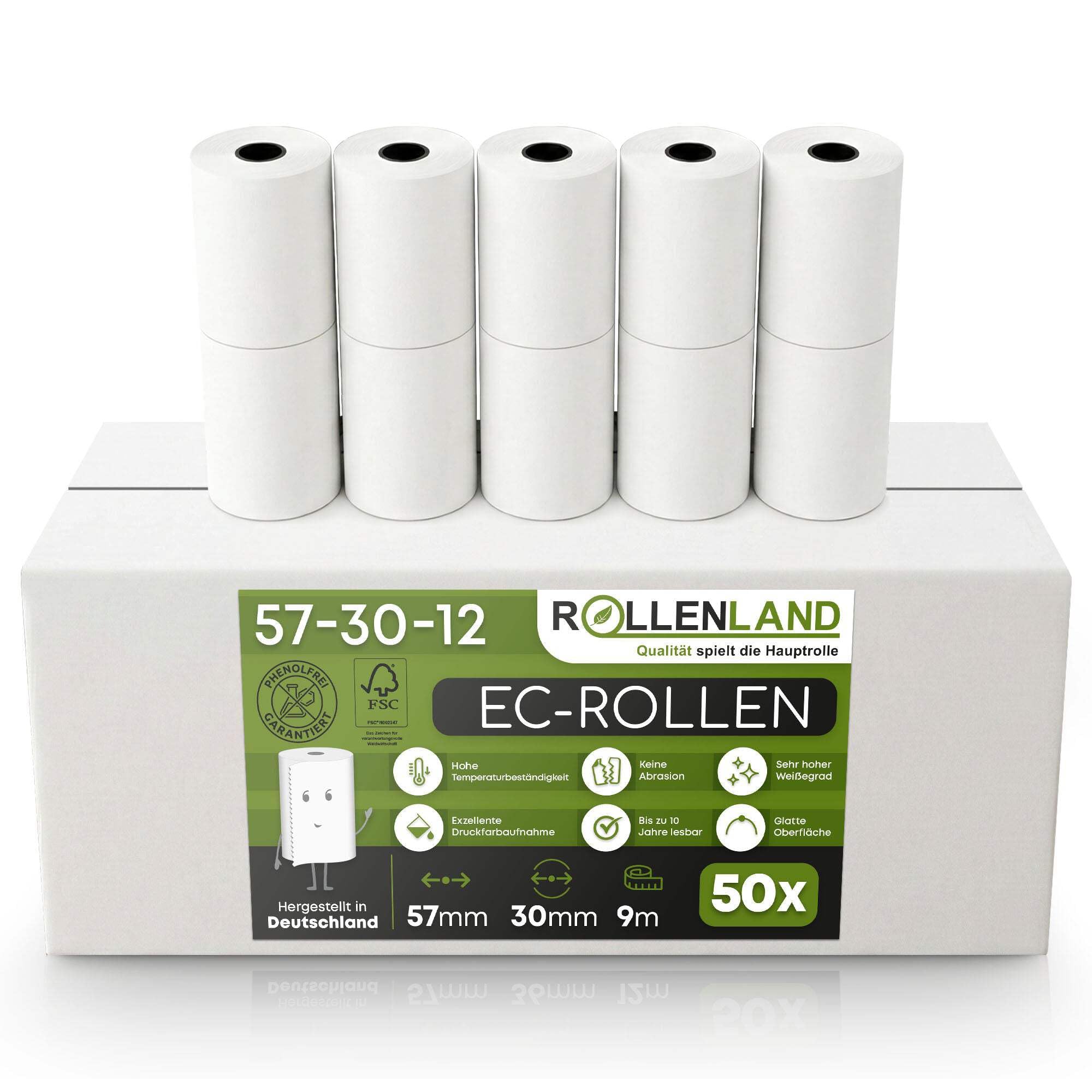 ROLLENLAND 50 EC Rollen 57x30x12 [9 m Lauflänge & SEPA Aufdruck] Thermorollen für EC Geräte, Kassenrollen, Bonrollen, BPA frei, 48 g/qm