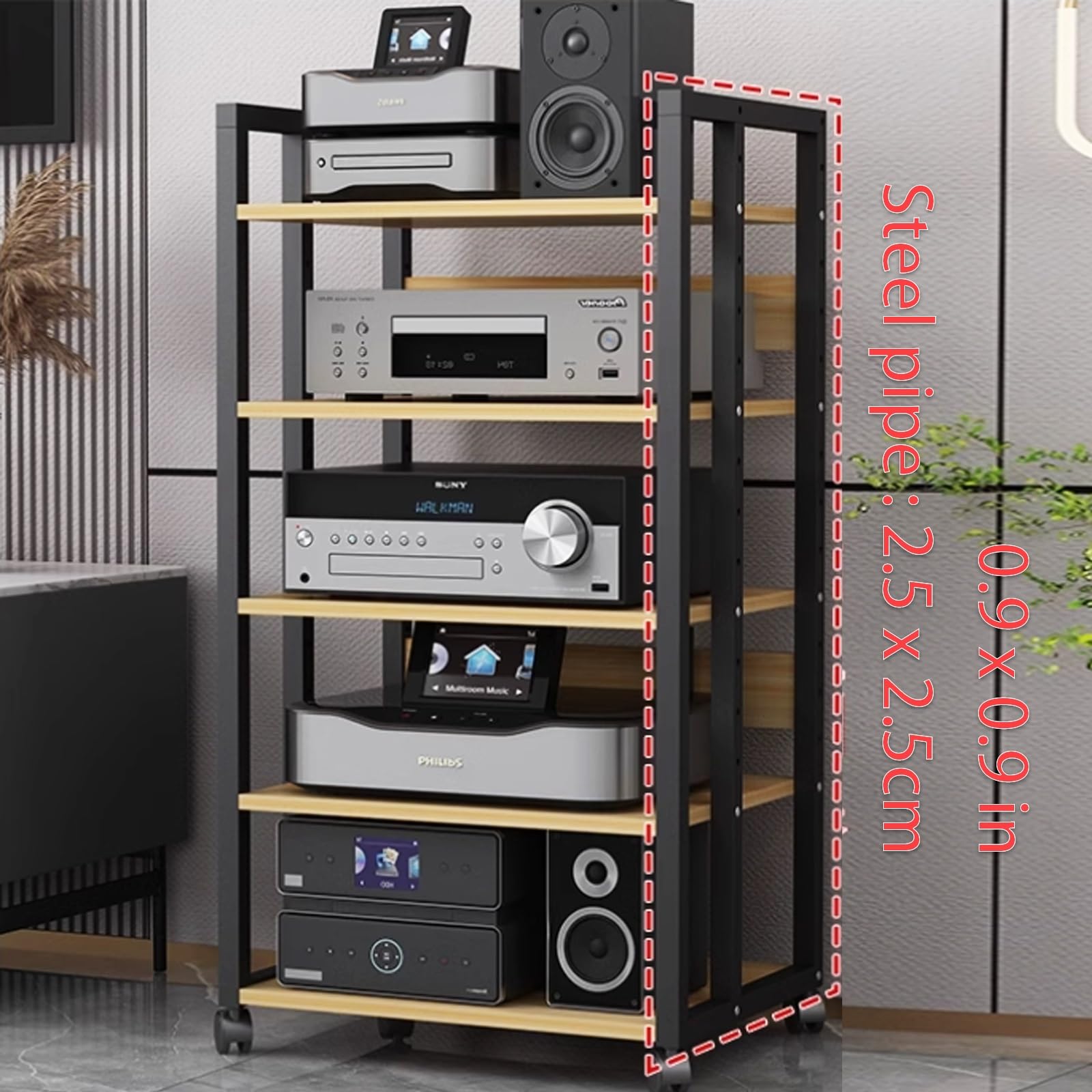 Soporte para equipos audiovisuales con ruedas y amplio espacio de almacenamiento. Soporte para tocadiscos y equipo de música con 6 niveles. Fácil de montar para el hogar, la oficina y el cine en cas