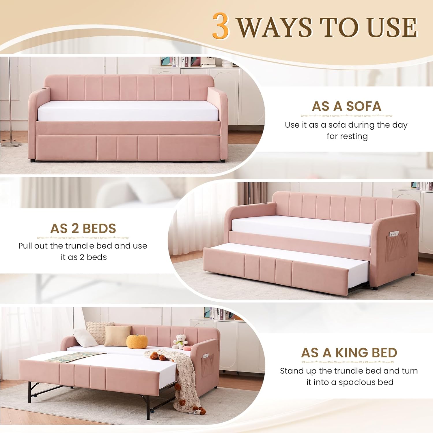 Twin Size Daybed with Pop Up Trundle Bed,Velvet Twin to King Size Day Bed Frame with USB Ports&Side Pockets,Upholstered Extendable Wooden Sofa Bed for Living Room,Bedroom,No Box Spring Needed,Pink