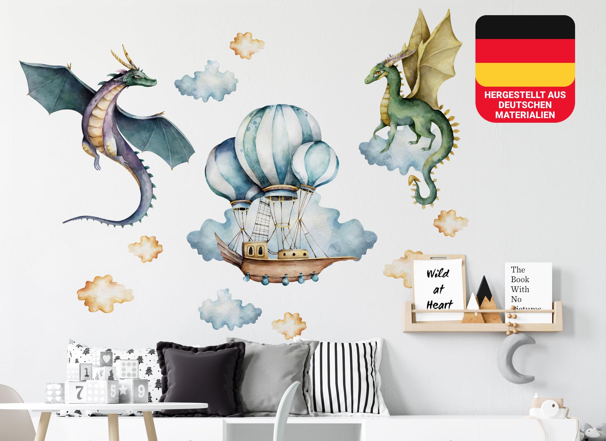 Autocollant mural dragon et bateau volant décoratif pour chambre enfant 120x100cm