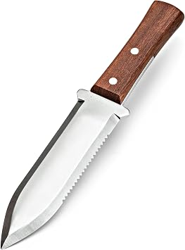 Kings County Tools Hori Hori Garden Knife with 7.4 Stainless-Steel Double-Edged Serrated, Straight Edge Blades, Tropical Redwood Handle - Digging Pruning or Weeding Knife for Gardening Tools