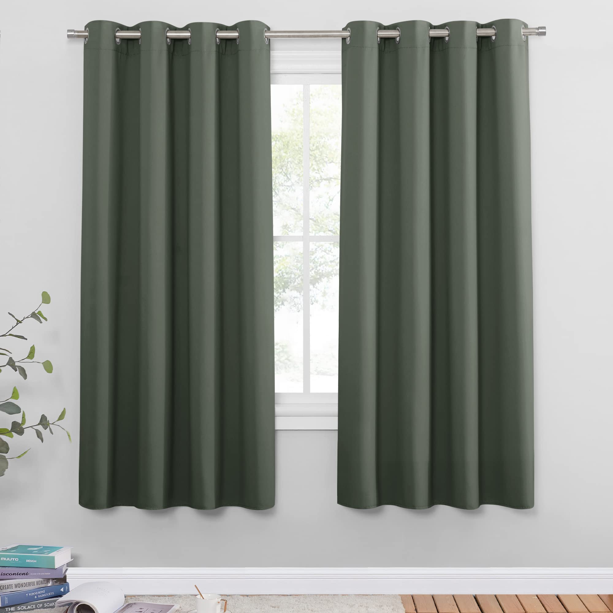 PONY DANCE Tende Oscuranti per Interni - Tende Termiche per Camera da Letto Tenda Oscurante ad Anelli Tende Moderne per Soggiorno 2 Pezzi L 140 x A 175 cm, Verde Grigiastro