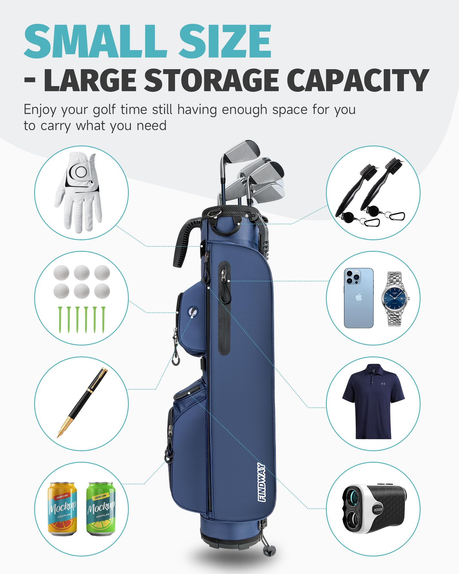 Findway Kleines Golfbag, Leichtes & Tragbares Golf Pencil Bag mit Standfuß, 3-Fach-Unterteilung, Verstellbarer Gepolsterter Trageriemen, 5 Taschen und Tragegriff, für Herren und Damen