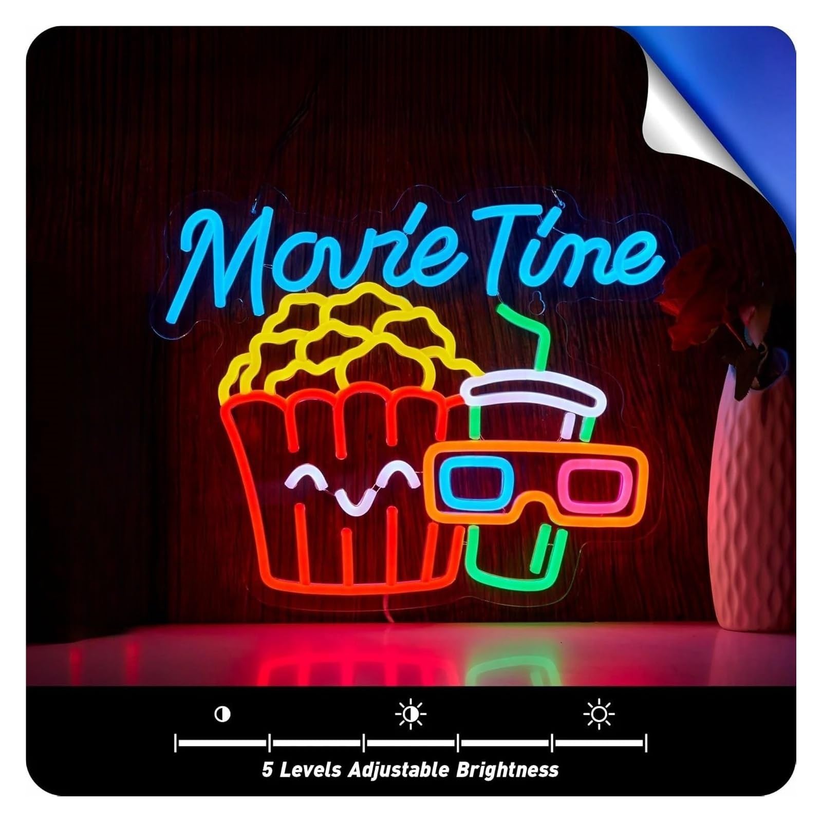 Luz de Diseño de Digital Movie Time Letrero De Neón Cine De Palomitas De Maíz Brillo De Luz LED Ajustable Para Decoración De Pared Para Cine Sala De Cine Fiesta 41.91cm×32cm