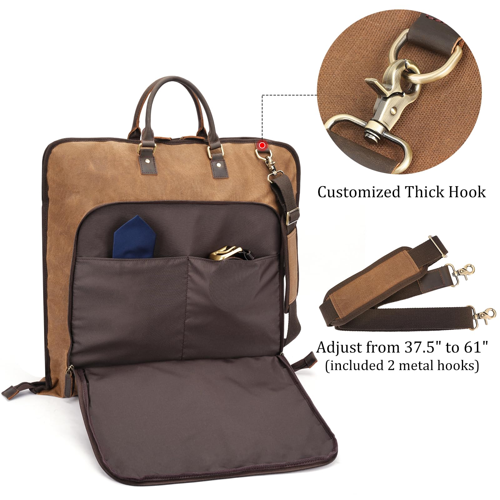 Polare gewachstes Segeltuch, Vollnarbenlederbesatz, Handgepäcktasche für Reisen, faltbar, zum Aufhängen, staubdicht, wasserdicht, mit YKK-Reißverschluss und verstellbarem Riemen
