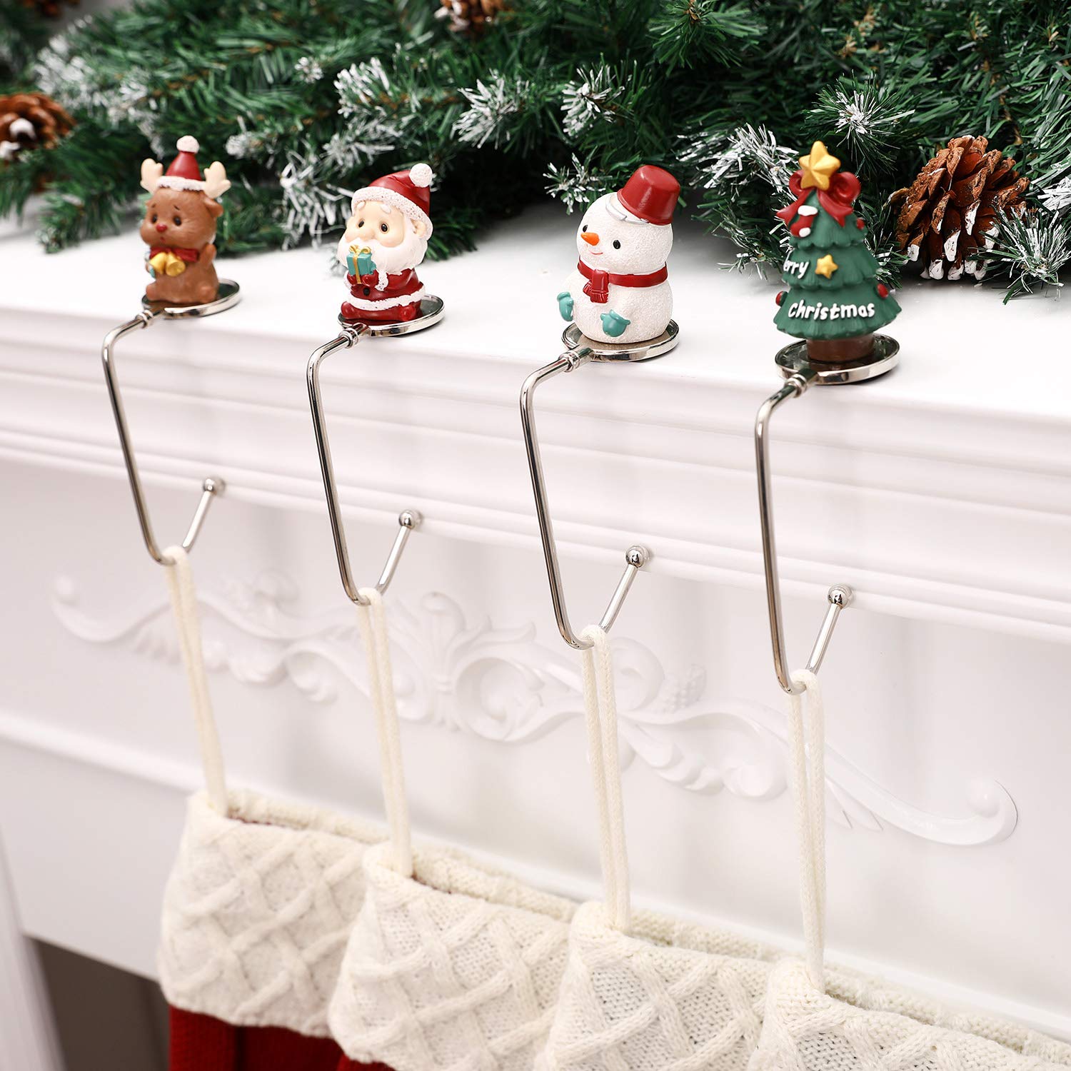 Lot De 4 Crochets Magnifiques Pour Chaussettes De Noël – Supports Antidérapants Pour Cheminée, Design Festif Flocons, Bonhommes De Neige & Sapins, Charge Jusqu'à 11 Kg !