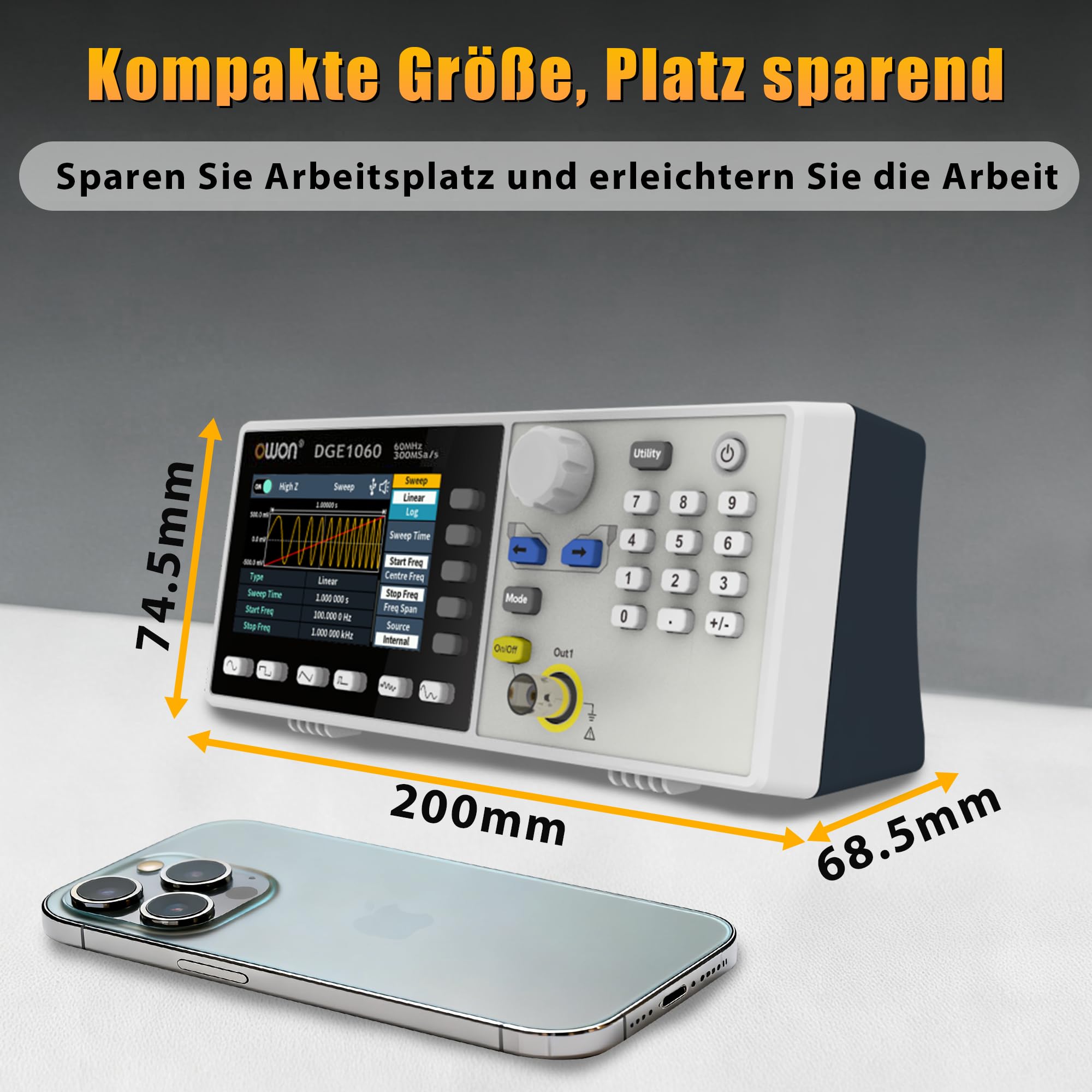 OWON DGE1060 Funktionsgenerator für präzise Signaltests und Entwicklung, 60 MHz, 300 MSa/s, 14 Bit, SCPI und PC-Steuerung