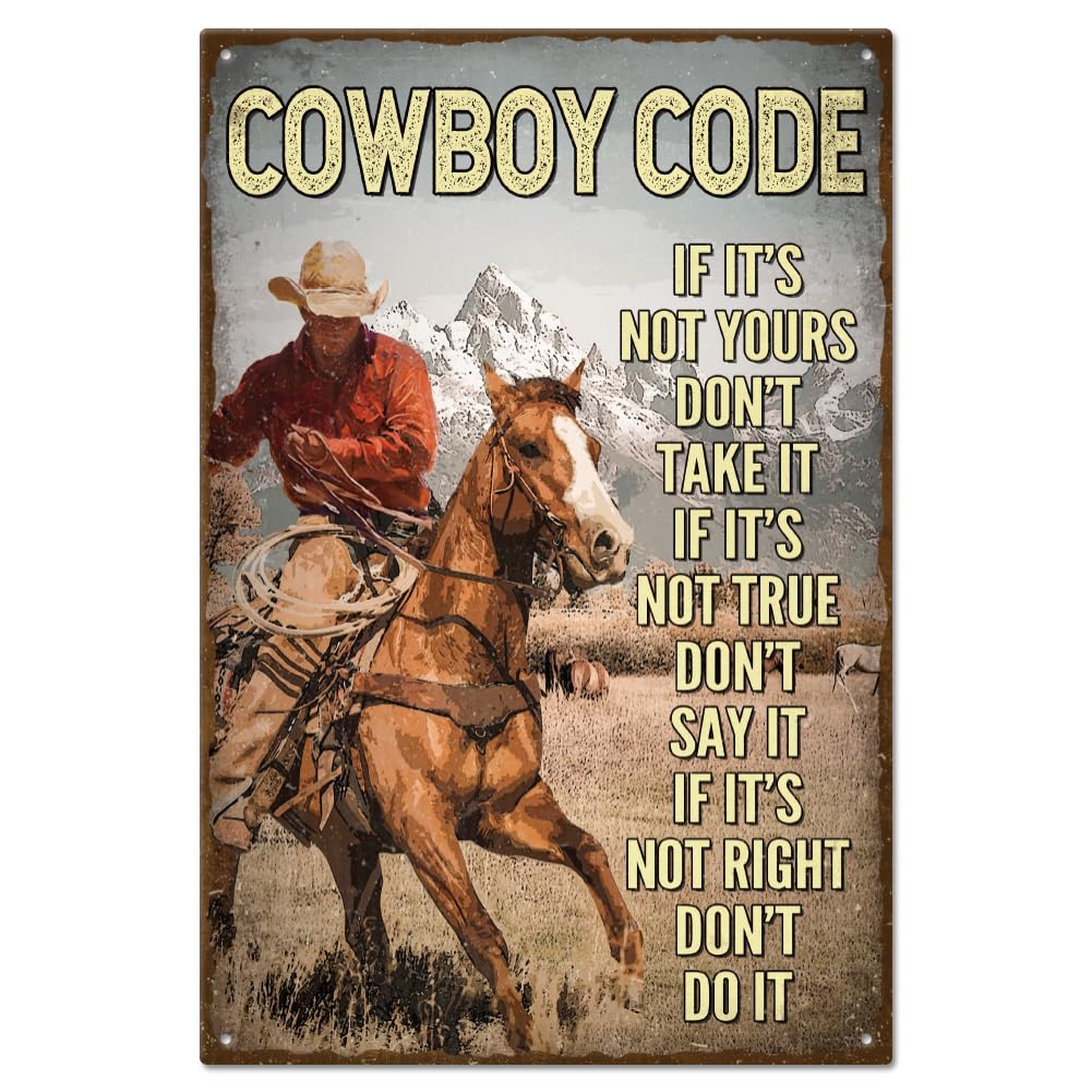 GLOBLELANDCowboy Code Vintage Metal Tin Sign Poster 8.12 x (5)(1) cm, Retro Metal Wall, Decorative Tin Signs for Home, Kitchen, Bar, Cafe, Club, Orchard Decoration
