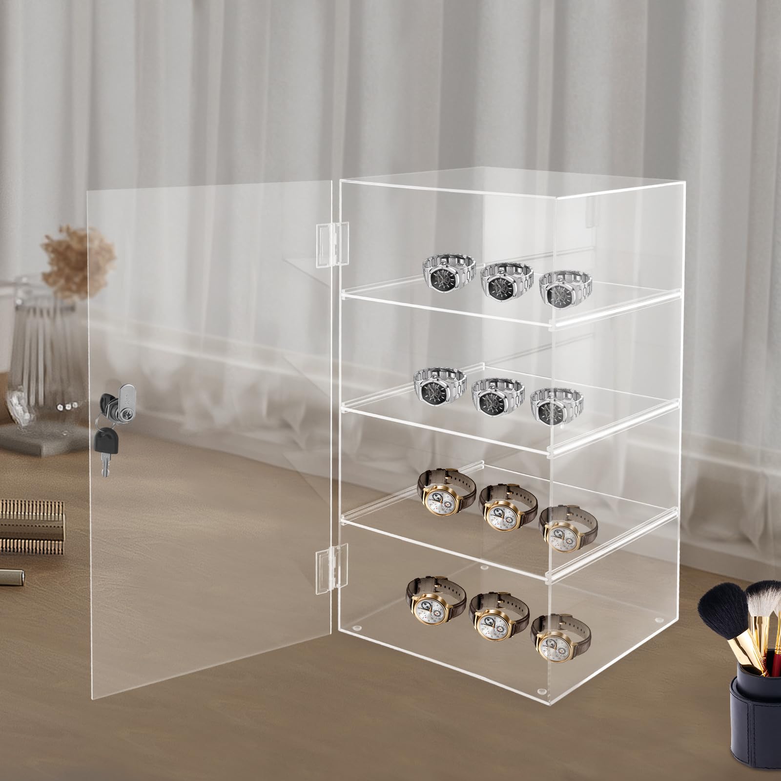Acrylic Display Case with Lock Key, 4 Tier Countertop Acrylic Display Case, Clear Locking Display Case, Acrylic Display Storage Box for Retail Store, Home, Office, 9.5 x 9.5 x 18.9in