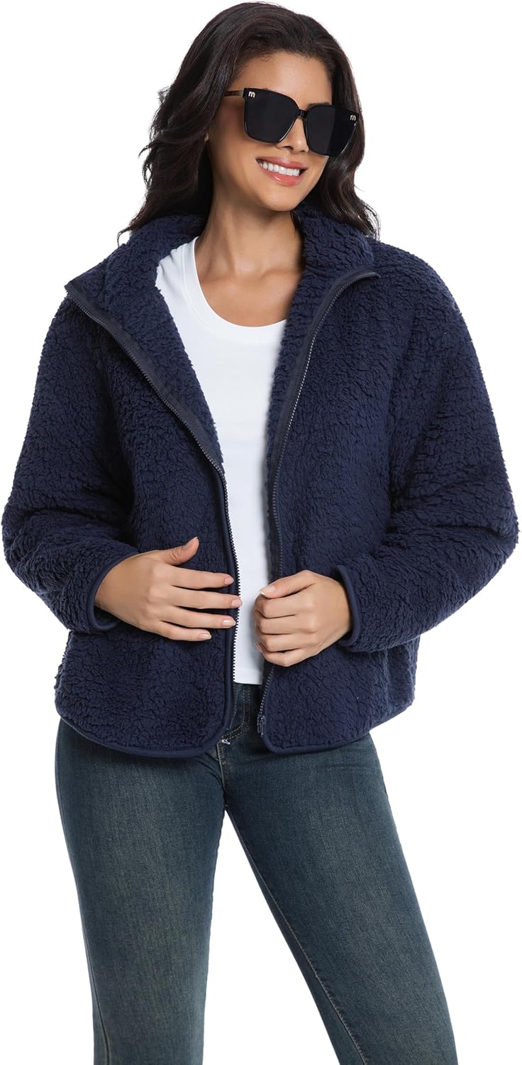 Sherpa Fleece Oversize Jacket for women, Light weight Plush Teddy Fleece Coat with Stand Collar, Winter Warm - Image 2