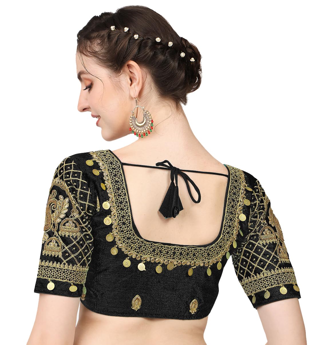 Pujia Mills Women's Multicolour Phantom Silk Embroidery Maggam Work Coin Sleeves Readymade Saree Blouse for Lehenga Choli