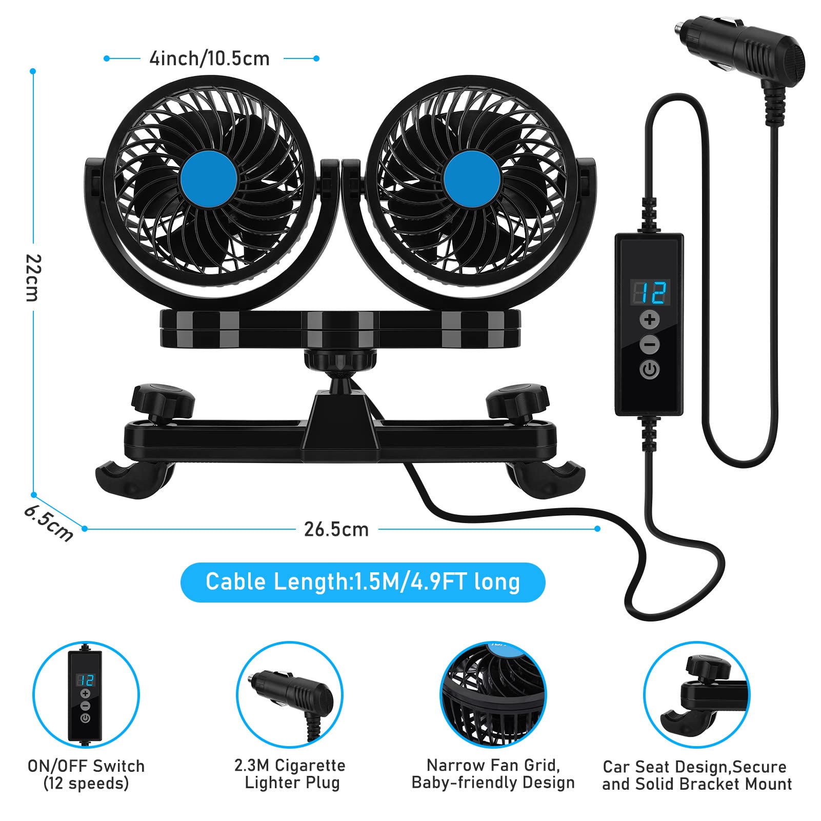 Ventilatore Auto 12V Ventola di Raffreddamento per Auto Ventola per Sedile Posteriore Elettrico a Doppia Testa da 4" Ventilatore per Seggiolino Auto, 12 Velocità, Girevole a 360°,Cavo da 2,3m