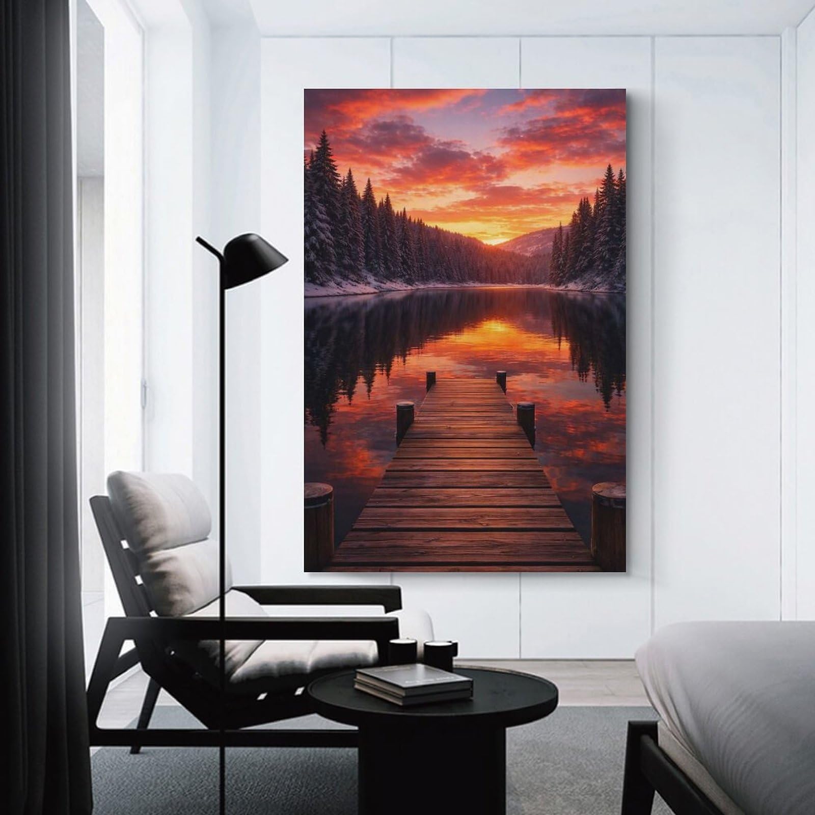 Junmoney Winter Lake Sunset Dock View Home Decor Wall Art 20x30inch(50x75cm), for Office, Study Or Home Workspace, Home Office Artwork with Decorative Appeal