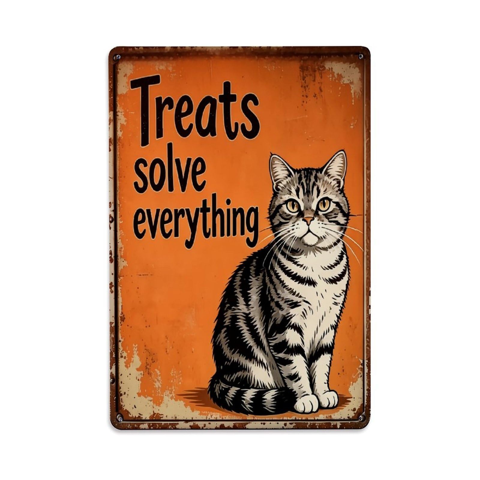 Nestemfo Vintage Treats Solve Everything Cat Illustration Tin Sign Metal Sign, Living Room,Bar, Home, Bedroom Wall Decor,Retro Metal Poster 8X12 Inches