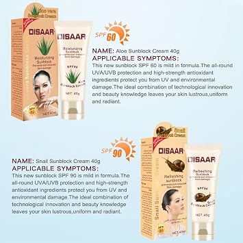 DISAAR BEAUTY Sunblock Cream Refreshing Sunscreen Face Neck Arms Skin Damage SPF 60/90 PA++ UVA/UVB Protection 40ml/1.35fl.oz (SPF 60 Aloe Vera Sunblock Cream)