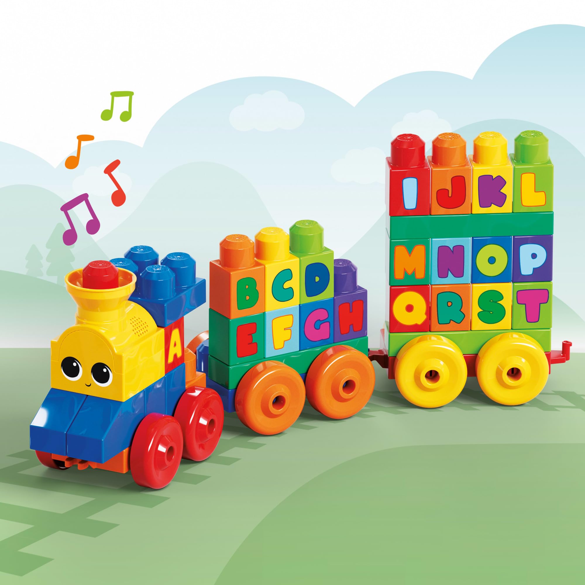 Mega Bloks Muzyczny Pociąg ABC z klockami z literkami odtwarzający realistyczne dźwięki i muzykę, FWK22