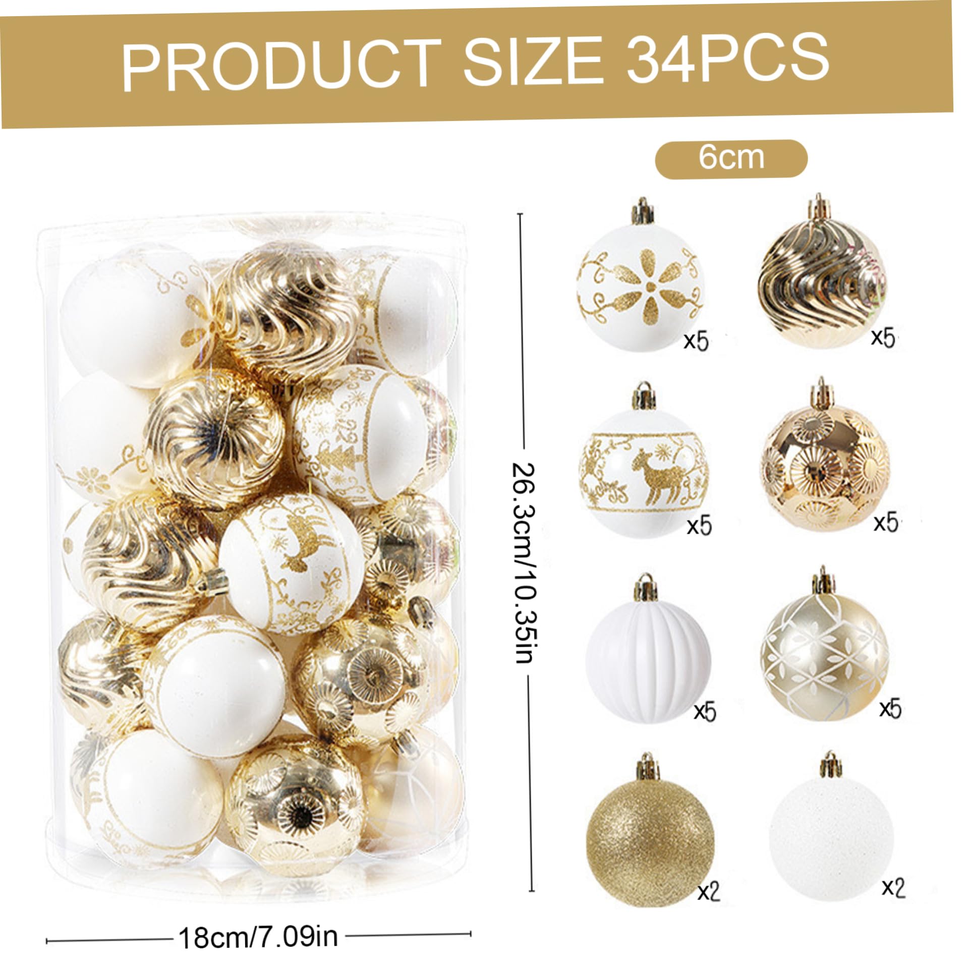 34 Unids/Caja Bolas de Navidad 2.4 Adornos de Bolas de Navidad con Purpurina de PVC irrompibles con Lazo para Colgar para Fiesta navideña Guirnalda de Corona de árbol de, Oro Blanco.