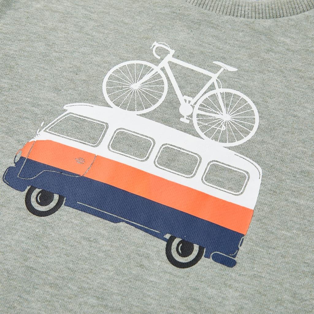 Felpa per bambini a maniche lunghe, in cotone e poliestere, motivo autobus e bicicletta, colore cachi chiaro melange