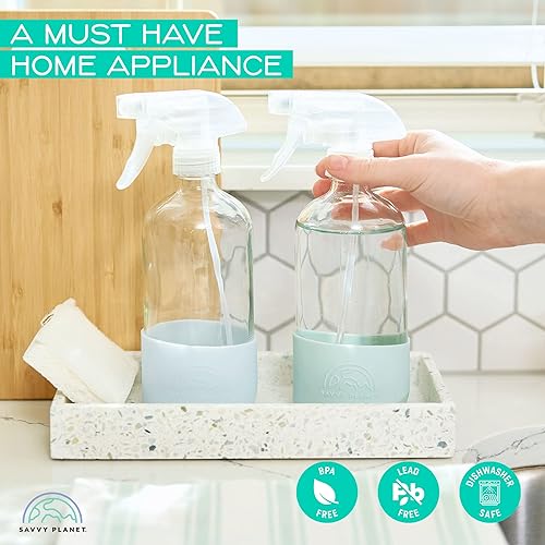 Miniatura 6 de SAVVY PLANET Botellas vacías de vidrio transparente con protección de funda de silicona, recipientes recargables de 16 onzas para soluciones de