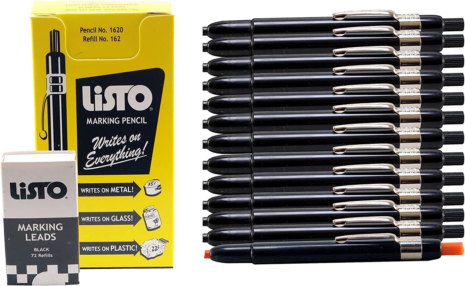 Listo 1620/162 Marking Pencils Kit - 12 Black Pencils, 72 Refill Leads - Includes Grease/China/Wax Pencils & Orange Pencil