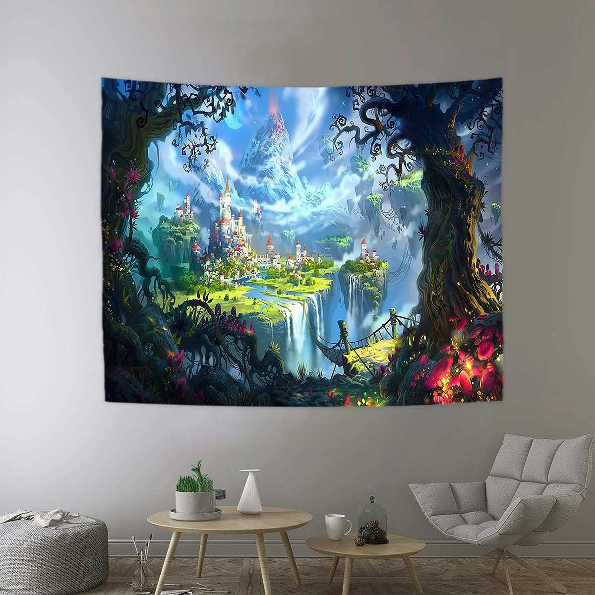 DBLLF Fantasy World Forest Tapestry Cartoon Castle Tapestry Green Magic Tapestry 60 x 51 inches Tapestry Wall Hanging for Bedroom Living Room Dorm Decor GTZYDB117