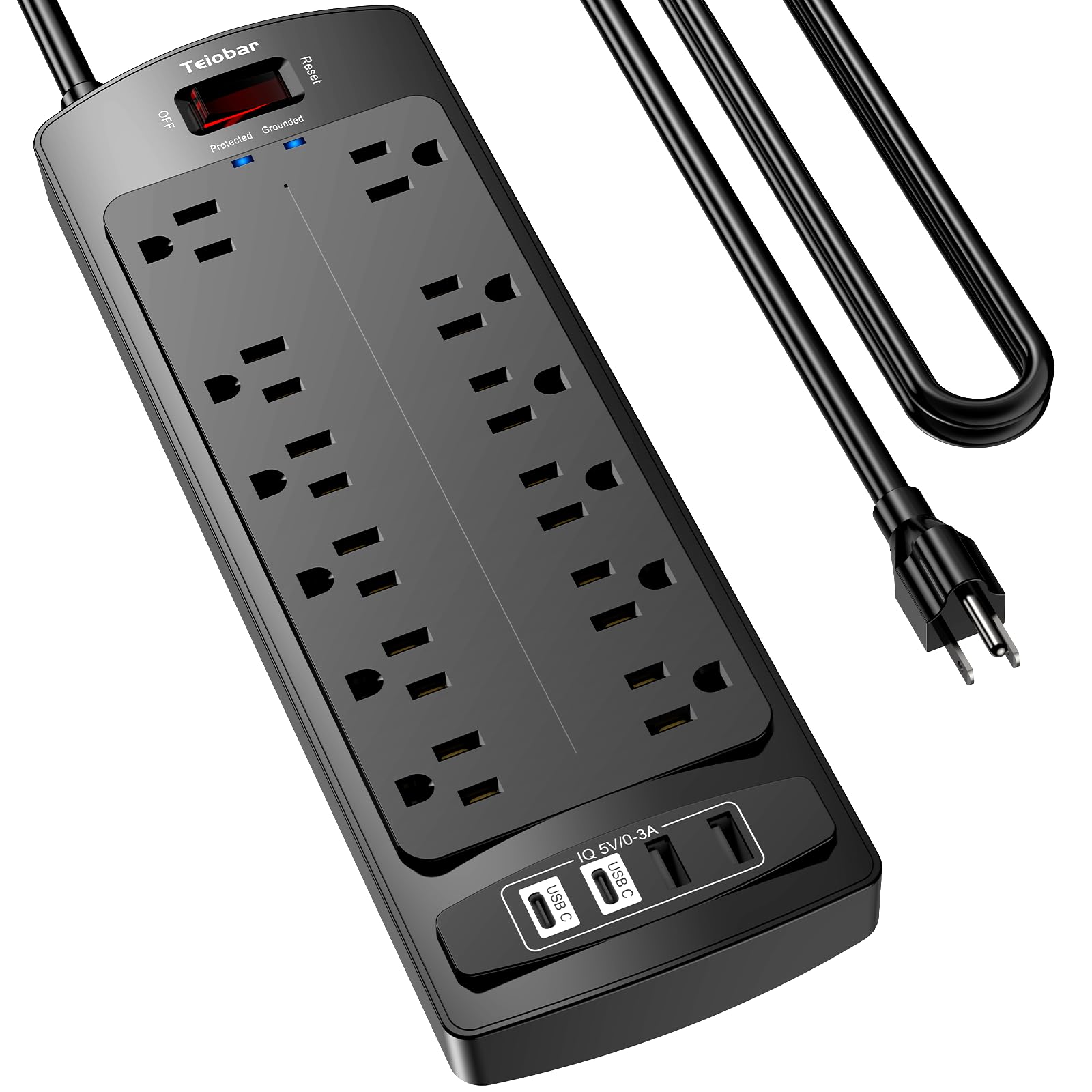 Photo 1 of 10 Ft Extension Cord Power Strip, Teiobar Surge Protector with 12 AC Outlets and 4 USB Ports for Home, Office, Dorm Essentials, 1875W/15A, 2700 Joules, ETL Listed, Black