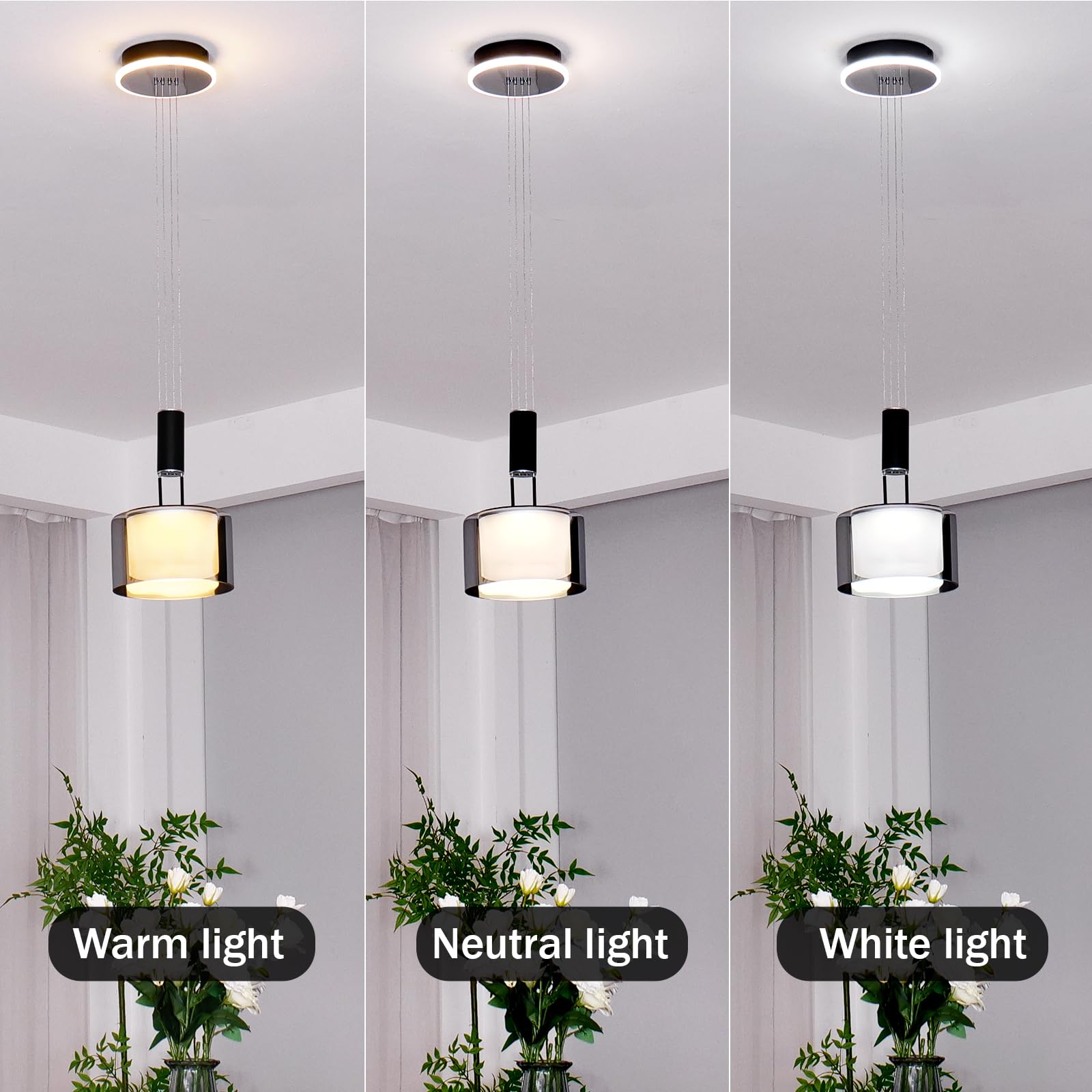 Modern Pendelleuchte Glas, Dimmbare Hängeleuchte Esstisch, Led Esszimmerlampe Höhenverstellbar, Hängelampe Wohnzimmer, Küchenlampe Hängend mit Glas Lampenschirm und Fernbedienung