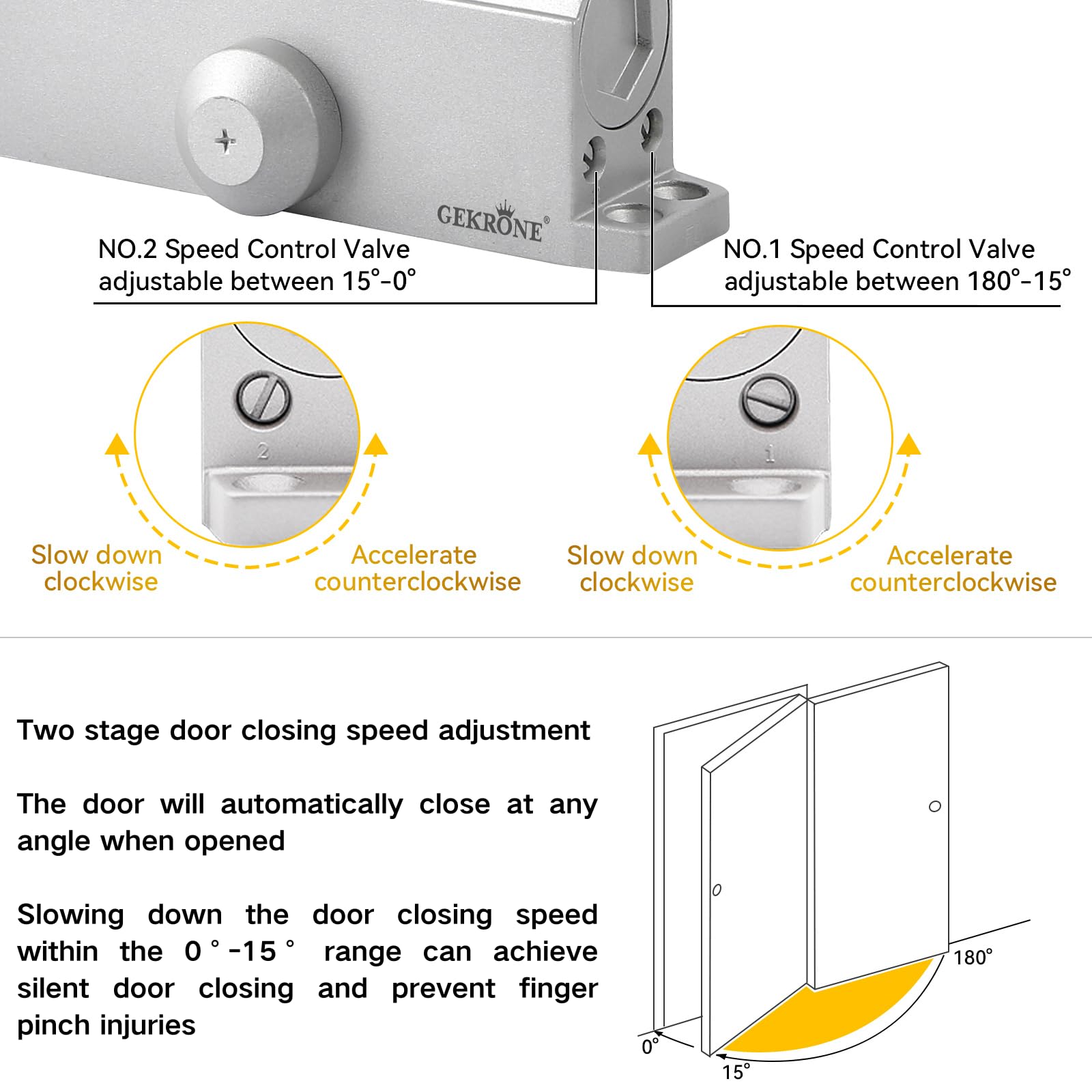 Automatic Door Closer Heavy Duty Fire Prevention Spring Hydraulic Aluminum Alloy Surface Mounted Residential Commercial Grade Door Closer Adjustable Speed Door Weights 55-99 Lbs Size1-Silver — Amazon image 4