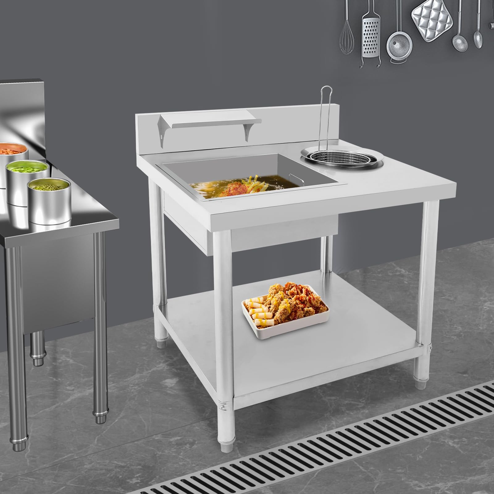 Tavolo per la preparazione di pollo fritto, piano di lavoro commerciale per impanare pollo fritto, incluso bacino e cestino, tavolo per la preparazione di cibi fritti, 80 x 70 x 93 cm