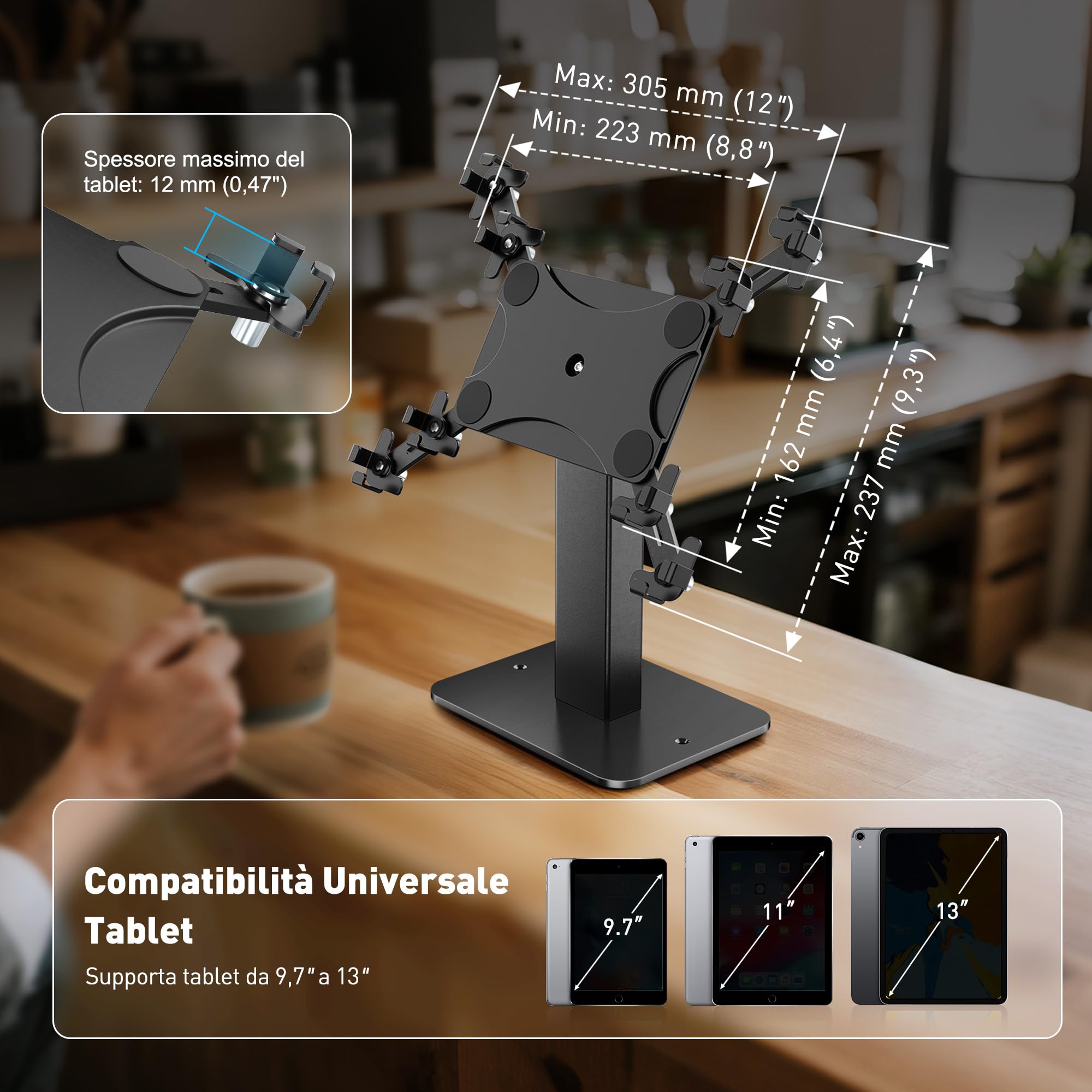 AboveTEK Supporto Chiosco Antifurto per iPad, Rotazione 360° e Altezza Regolabile 21-34 cm, Acciaio e Alluminio Resistente, per Tablet da 9.7"-13", Supporto di Sicurezza POS per Uso Commerciale-Nero
