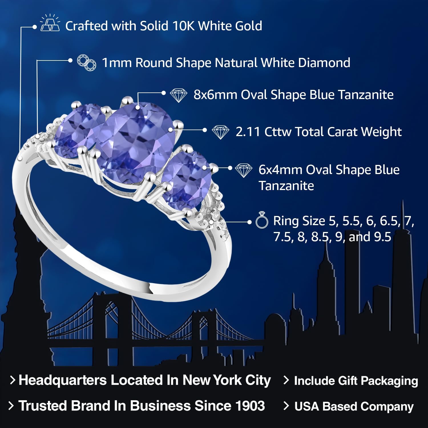 Gem Stone King 2.11 Cttw Oval Blue Tanzanite and Diamond Accent 3-Stone Engagement Ring | 10K White Gold | 3 Stone Wedding Anniversary Promise Ring For Women | Available In Size 5, 6, 7, 8, 9 - Image 2