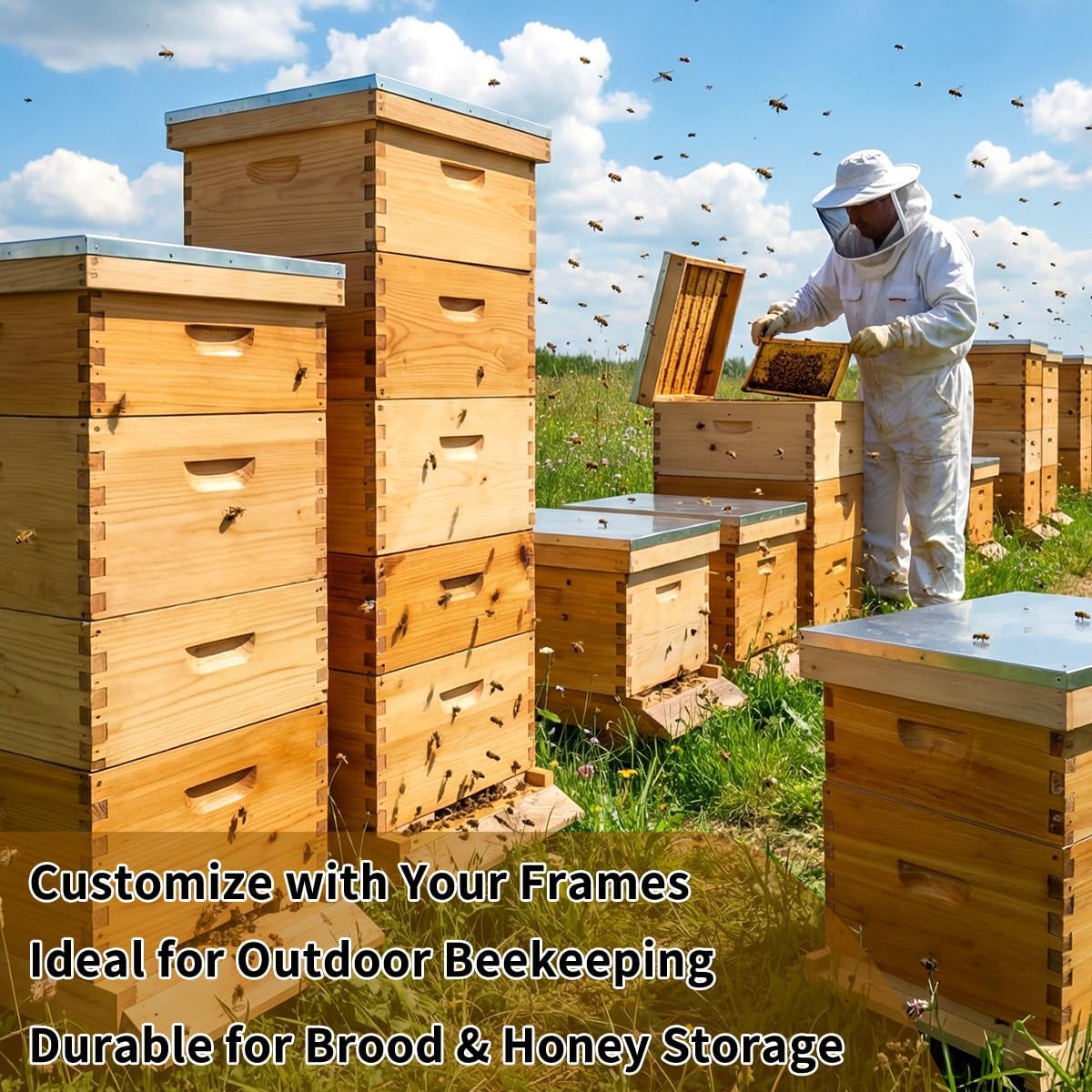 Beeswax Coated 10-Frame Langstroth Deep Brood Box, Bee Hives Box Beekeeping Hive Parts - Unassembled Beehive Body (No Frames/Foundations), 19-7/8" L x 16-1/4" W