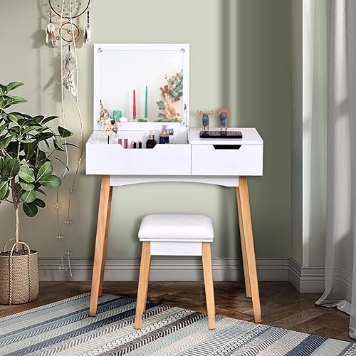 Miniatura 4 de LUARANE - Juego de tocador de tocador, tocador de madera con espejo abatible y taburete acolchado, aplicación multifuncional para dormitorio, baño