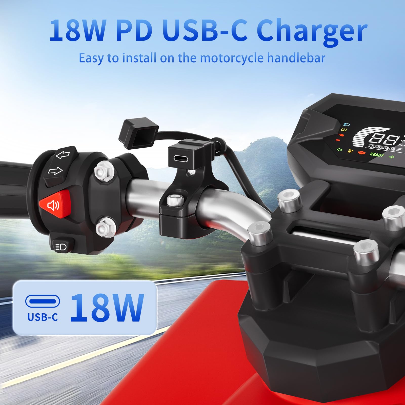 Cliff Top Caricatore USB impermeabile per moto, 18 W, PD USB-C, ricarica rapida, adattatore SAE a USB-C, porta USB con supporto per manubrio da 22 a 32 mm, per moto, scooter, ATV, dispositivi