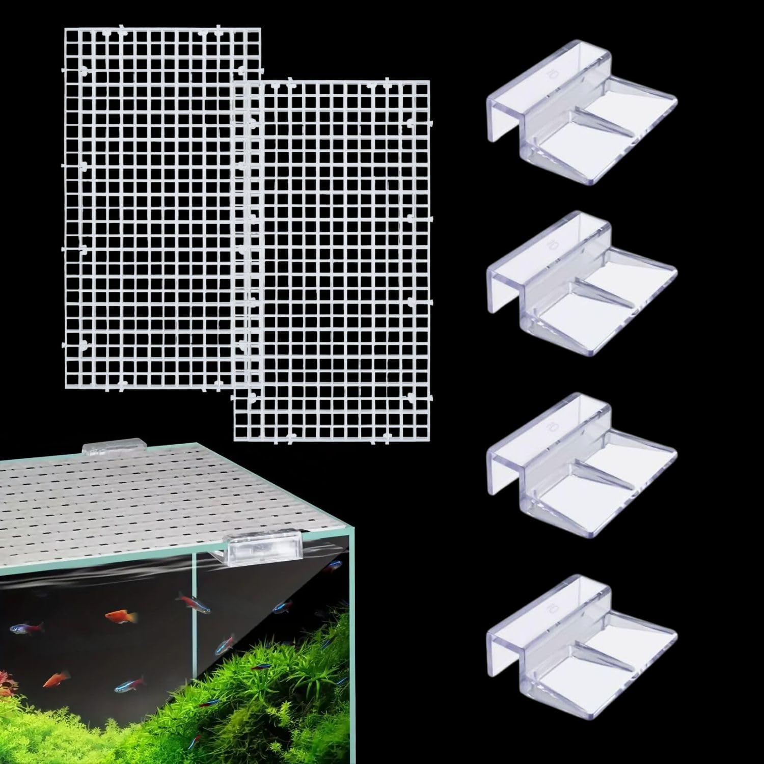 VAYINATO® White Plastic Divider Panel Separator Grid Isolation Board and Aquarium Fish Tank Glass Clossing Top Lid Cover Support Clip Clamp (2 Egg Crate / 4 Acrylic Clear Clips Holder, 12mm)-image-14