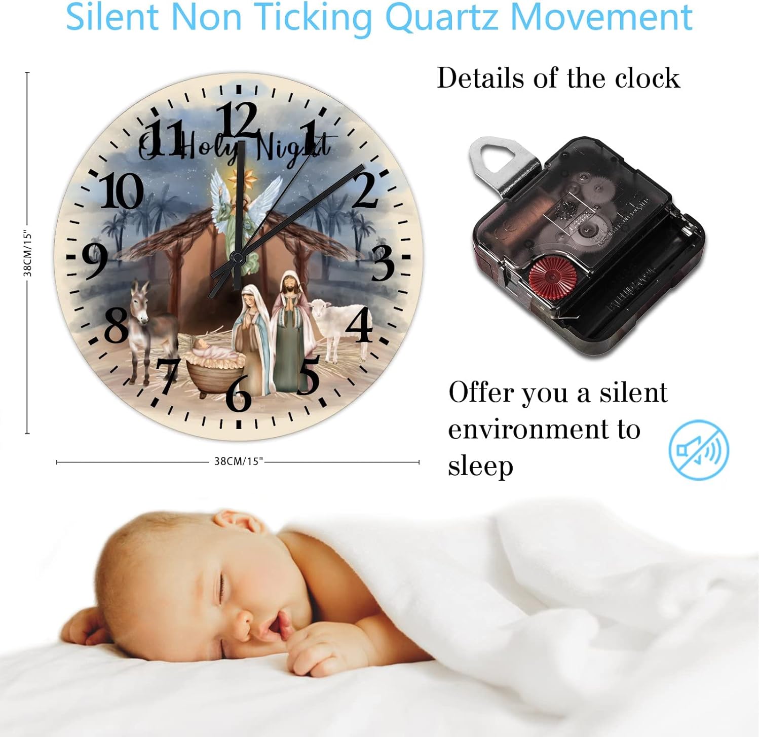 Birth of Jesus Wood Clock 15 Inch, As A Gifts for Kids Wall Clock Modern Battery Operated Quartz Quiet Round Arabic Numbers Clock for Living Room Office