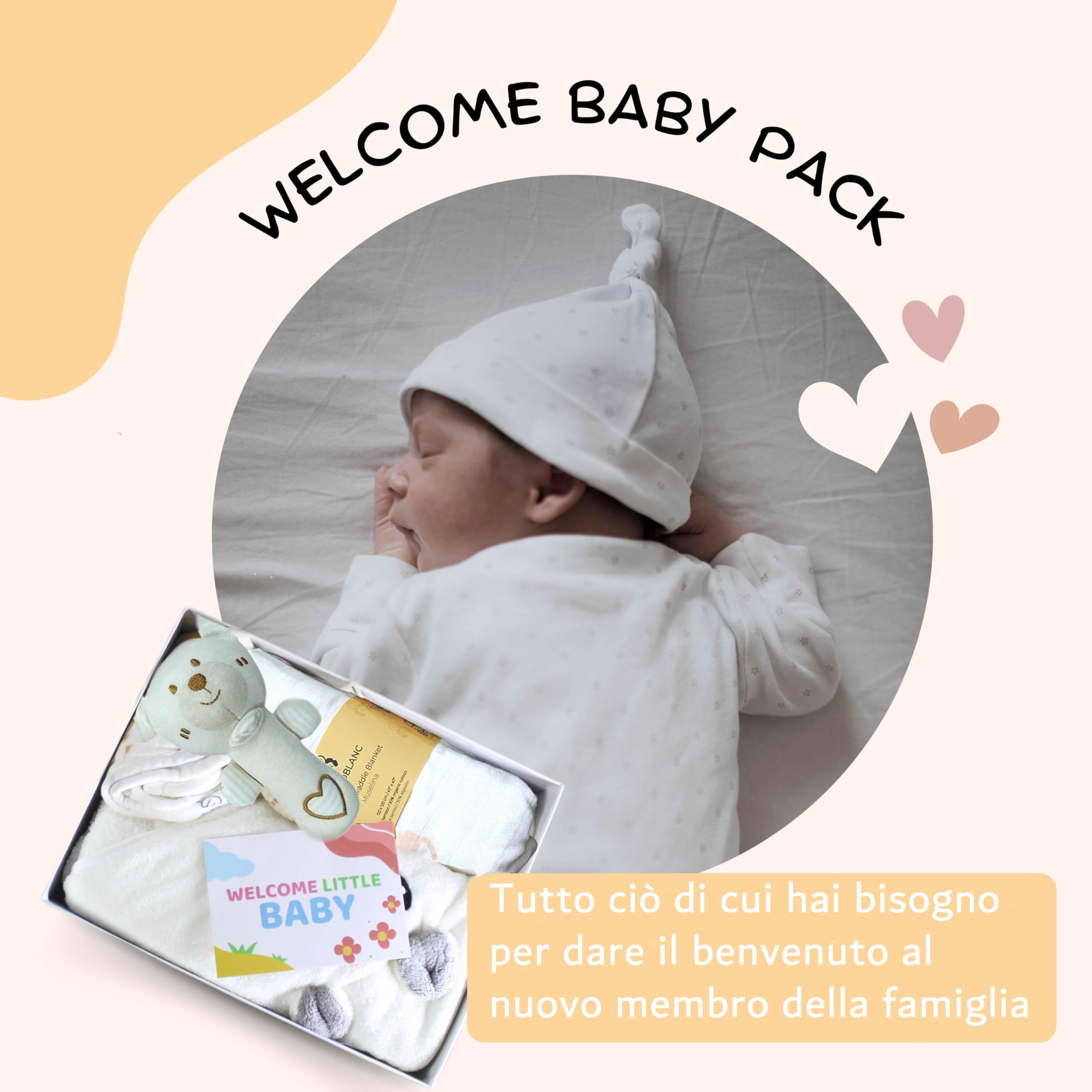 Set Regalo Neonato | Corredino Nascita Unisex | Copertina Mussola Bambù 120x120 cm, Asciugamano Cappuccio, 2 Bavaglini, Sonaglino e Biglietto | Baby Shower Maschio Femmina
