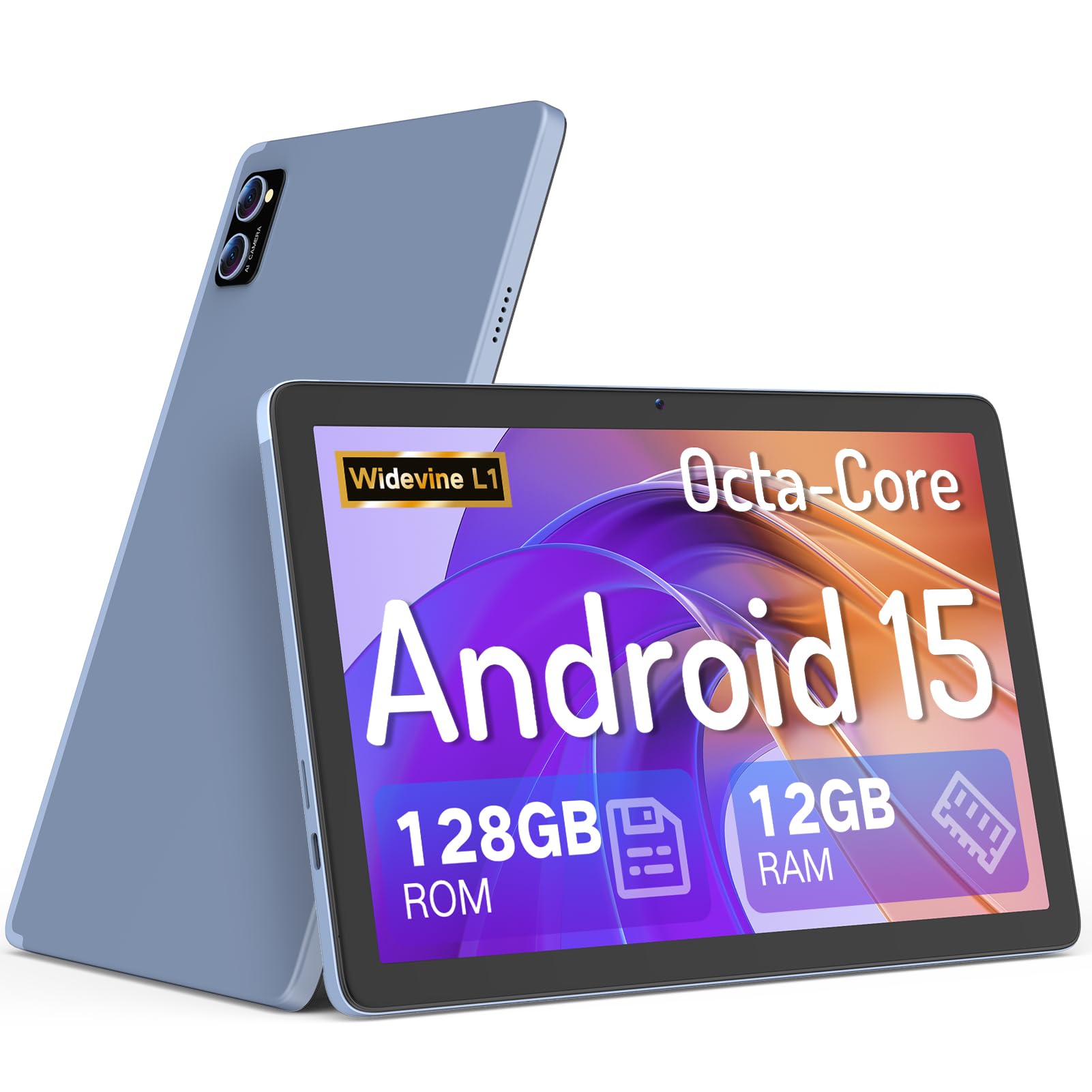 JUNYANG Tablet 10.1 Inch Android 15, 12GB RAM 128GB ROM (Up to 2TB Expand), Octa-Core Processor, 1280x800 HD Touch Screen, 8H Battery Life, Dual Camera 13MP+5MP, 5G WiFi Tablet PC, Widevine L1