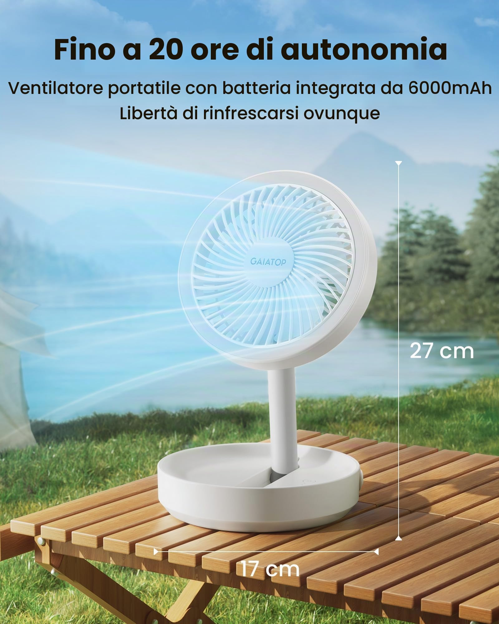 Gaiatop Ventilatore Portatile USB Ricaricabile, 6000mAh Batteria Fino a 20 Ore, Ventilatore da Tavolo Silenzioso Piccolo con Luce Notturna Ufficio Comodino, Accessori Camper Viaggio Pieghevole, Bianco