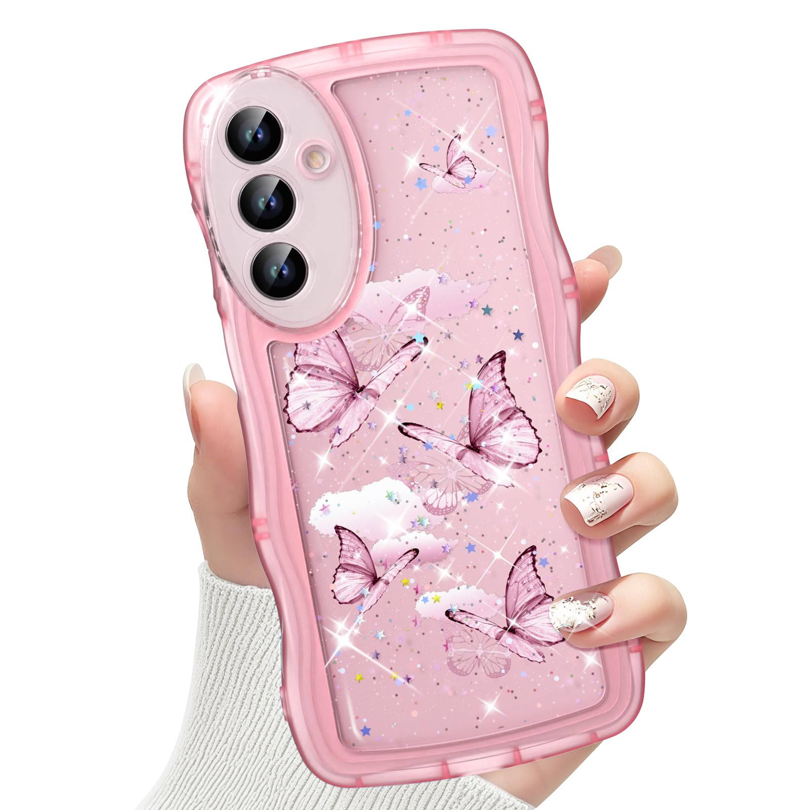 CASBST for Galaxy A16 5G Phone Case for Women Girls, Cute Curly Wave Frame with Bling Glitter Butterfly Pattern, Full Camera Protection, Slim TPU