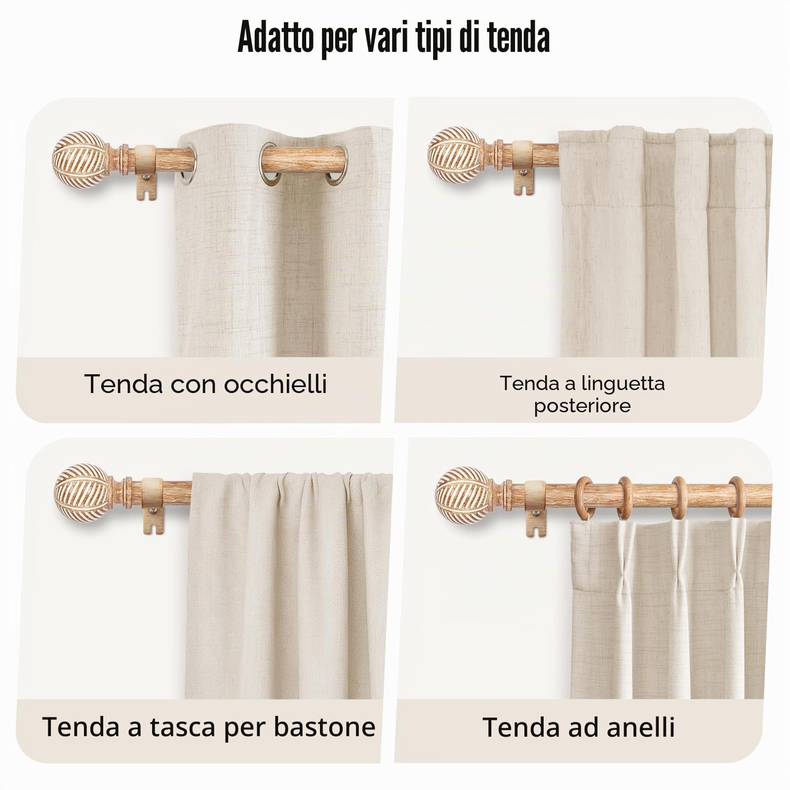 Bastone per tenda effetto legno, estensibile 76-219 cm – 25 mm, anima in metallo con venature del legno imitazione, compatibile con occhielli, asta estensibile per finestre/porte, marrone