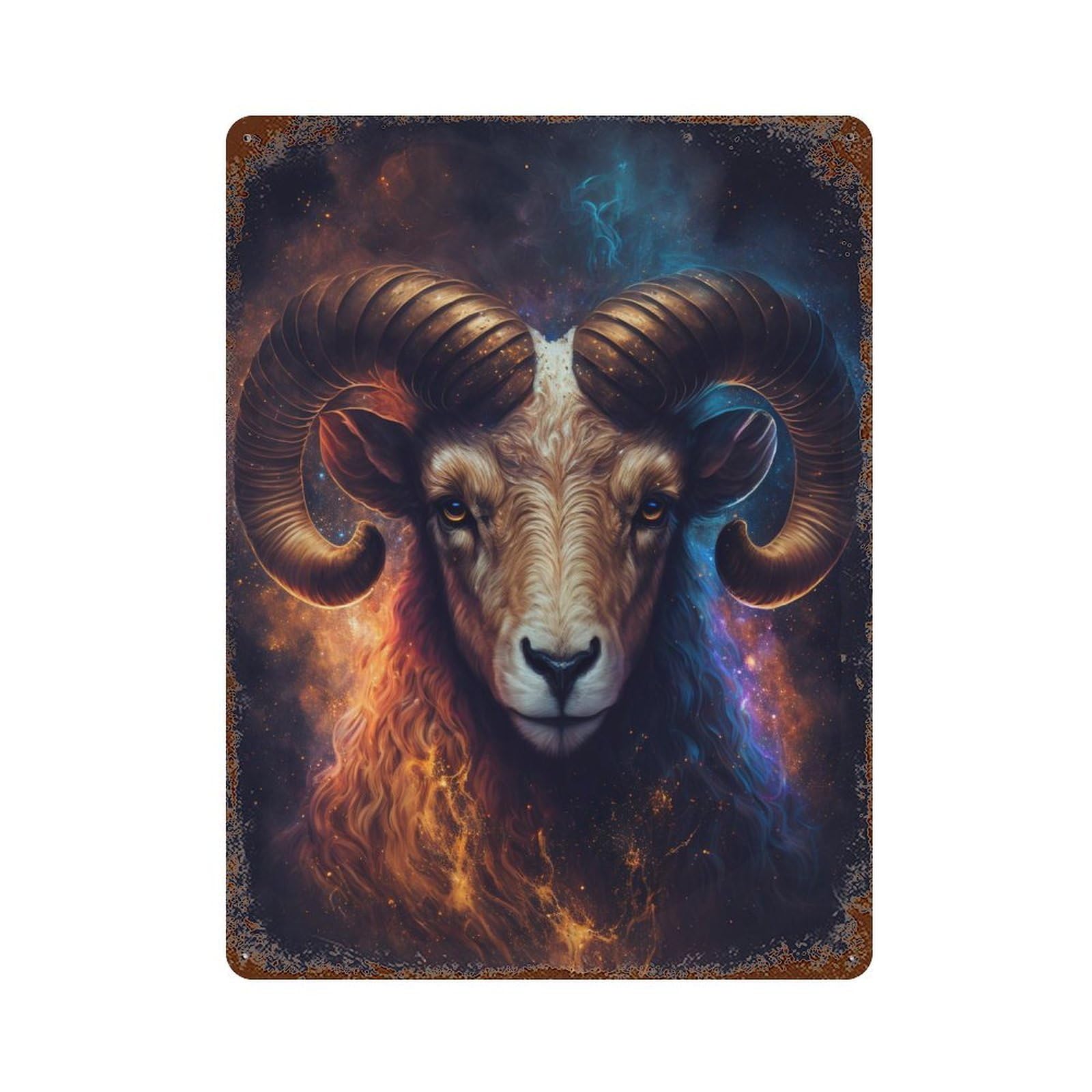 Golden Ram Celestial Majesty 15.7"x11.8" Rustic Tin Plaque, Retro Wall Decor for Garage, Bar And Workshop Decor