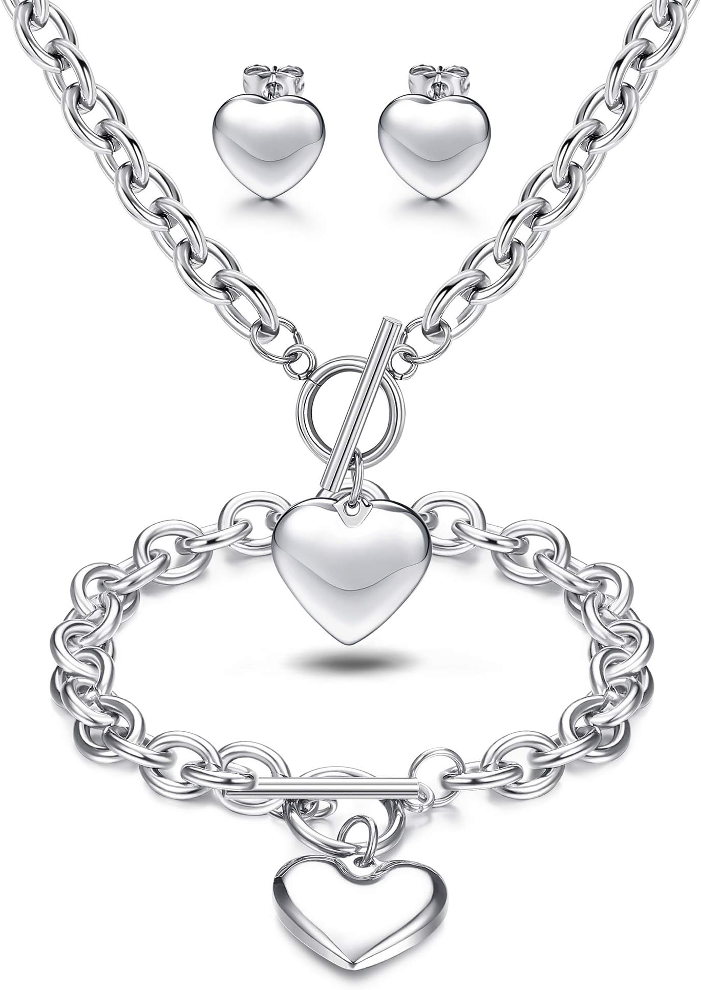 LOYALLOOK3Sets Heart Pendant Necklace Toggle Chain Heart Bracelet Heart Stud Earrings for Women Stainless Steel Charm Love Heart Jewelry Set for Halloween