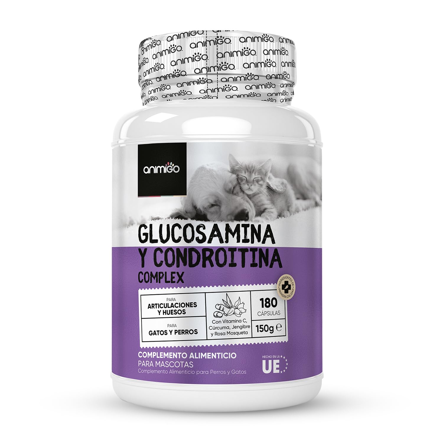 Complejo de Glucosamina y Condroitina 500mg para Perros y Gatos - 180 Cápsulas para Reforzar Articulaciones y Huesos - Condroprotector para Perros con Vitamina C, Cúrcuma, Jengibre y Rosa Mosqueta