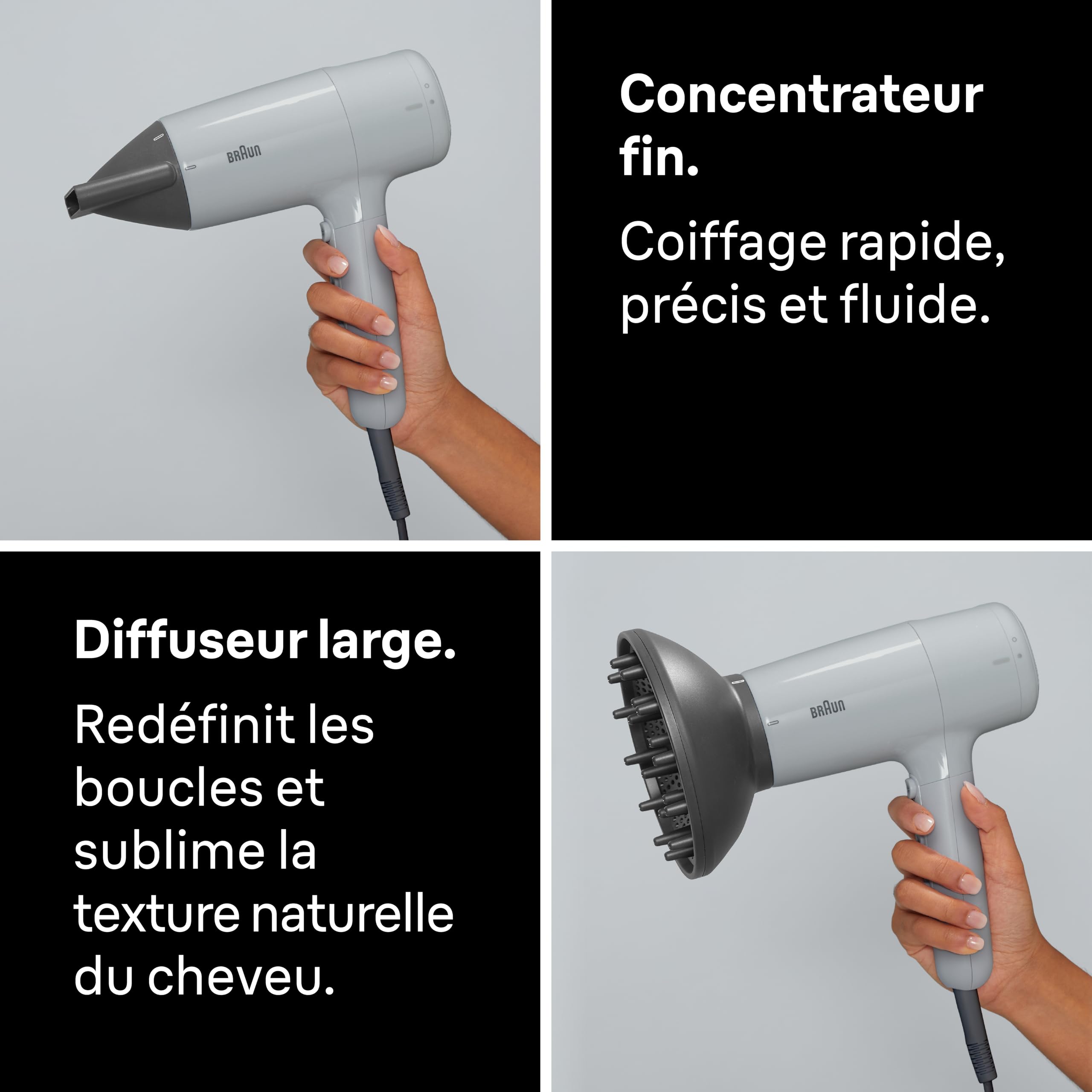 Sèche-Cheveux Braun HD2.35, Puissant avec Diffuseur, Peigne Lisseur et Concentrateur, Technologie IONTEC, Moteur 2200W avec 3 Réglages de Températures et 2 Vitesses, Finition Gris Satiné, BRHD235E