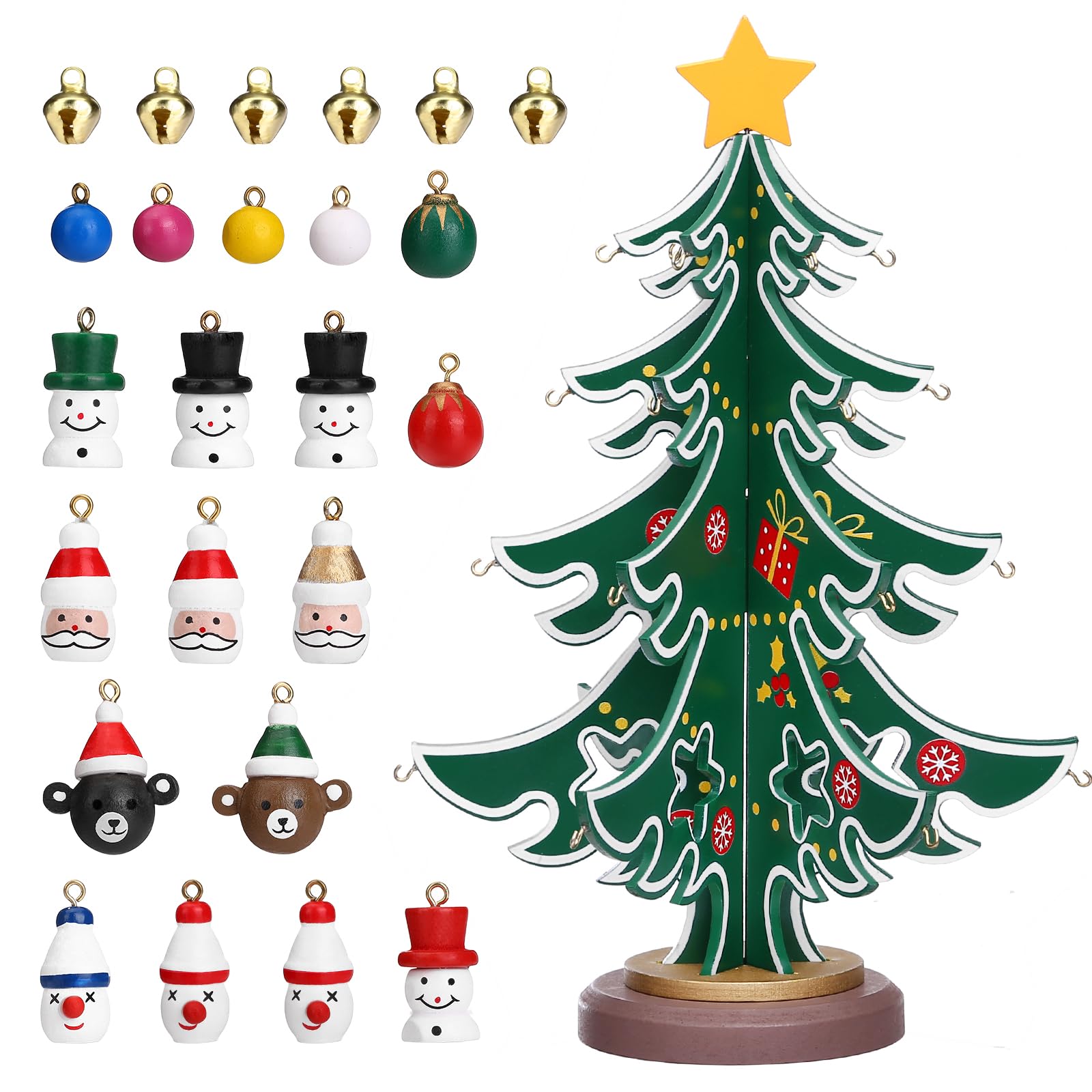 LIHAO Kalendarz adwentowy 2025 Mini choinka drewniana Christmas Tree z 24 zawieskami Kreatywny kalendarz adwentowy Drzewko choinkowe Dekoracja do DIY choinki dla dzieci