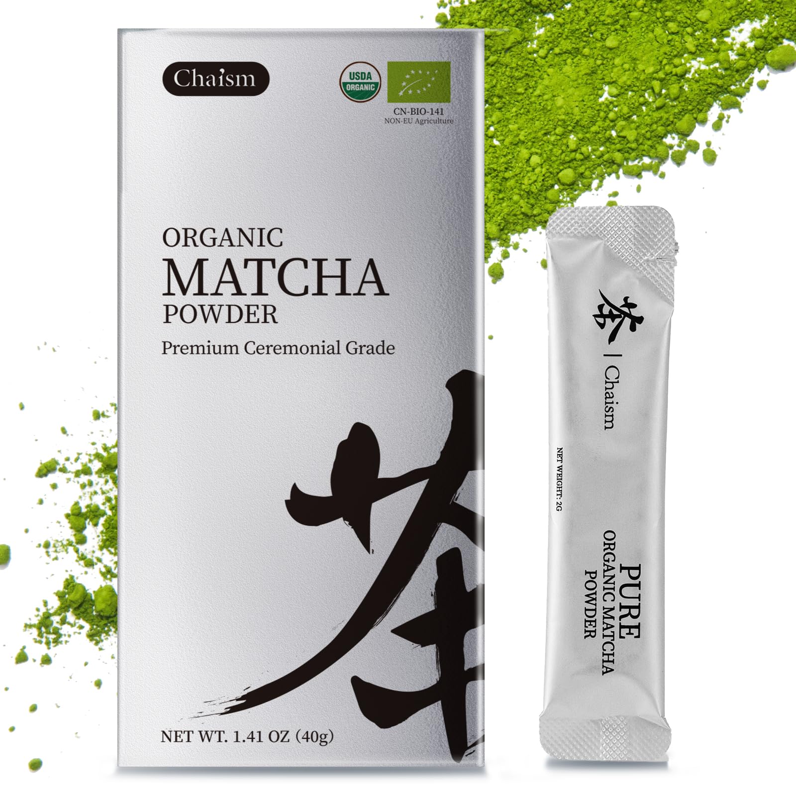 ChaismCeremonial Grade Matcha Green Tea Powder - 20 Single Serve Packets, Premium First Harvest USDA Organic Gluten-Free Vegan, 100% Pure (20 Packets)USDA OrganicEU Organic