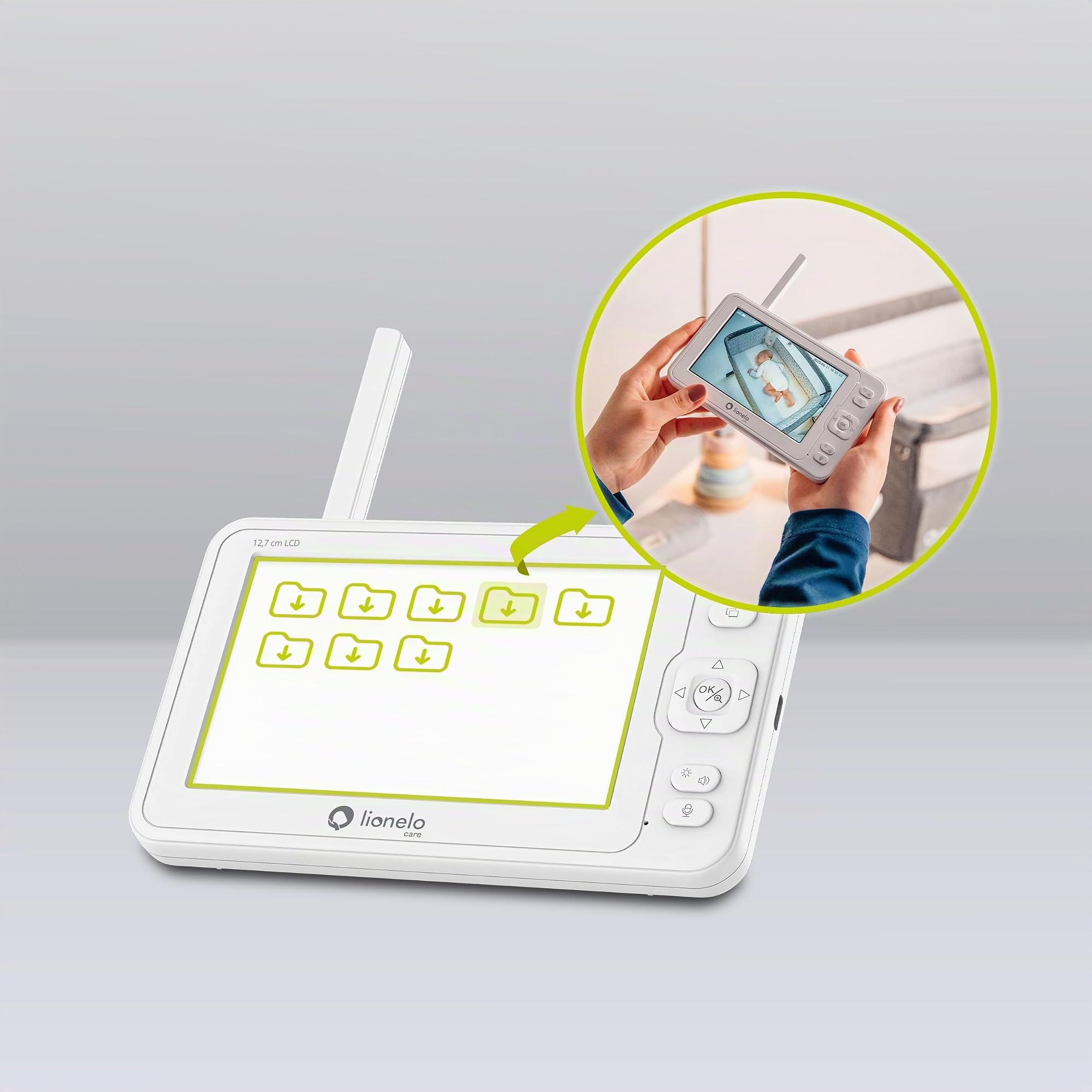 Lionelo Babyline 8.3 Elektronisches Babyphone mit Full HD 360° Kamera | 5" Bildschirm 200m Reichweite Zwei-Wege-Kommunikation Schlaflieder Geräusche 8h Akku Nachtmodus Temperatursensor VOX-Funktion